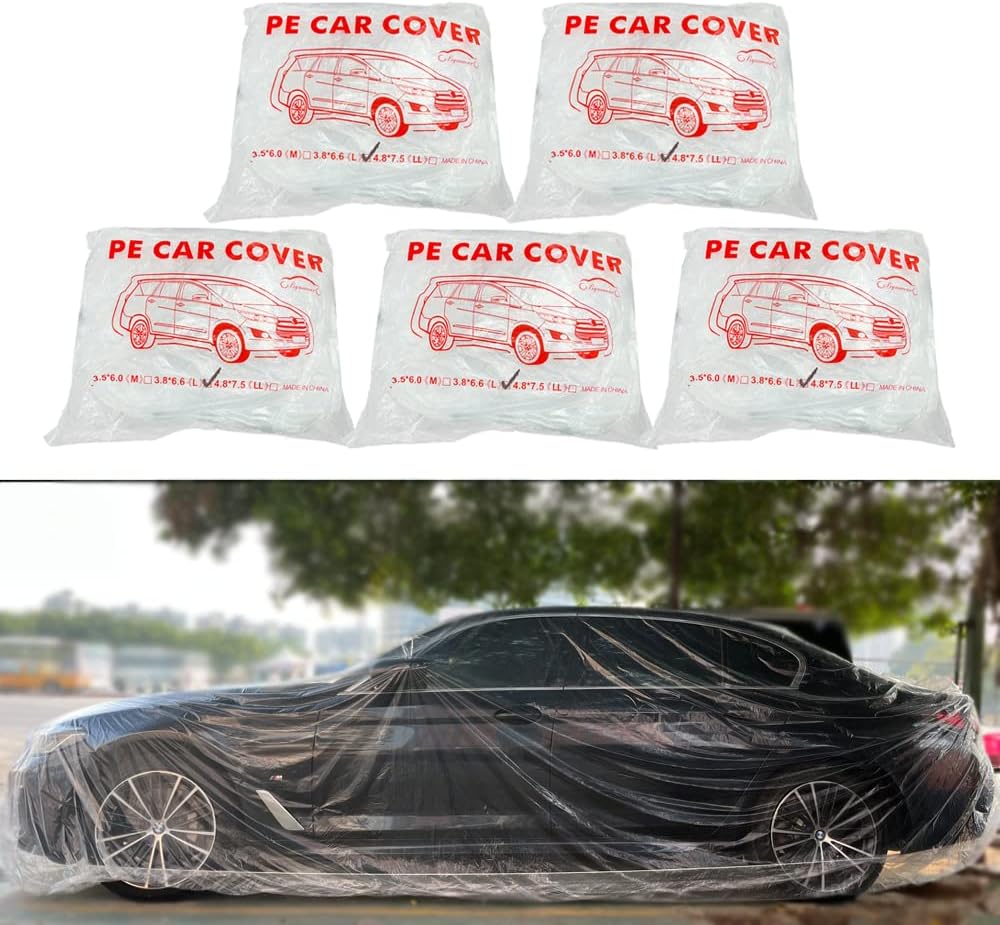 LuliKa 5 Packs Disposable Car Cover Clear Plastic Car Cover Universal Rain Dust Garage Cover with Elastic Band (12.4 FT x 21.6 FT)…