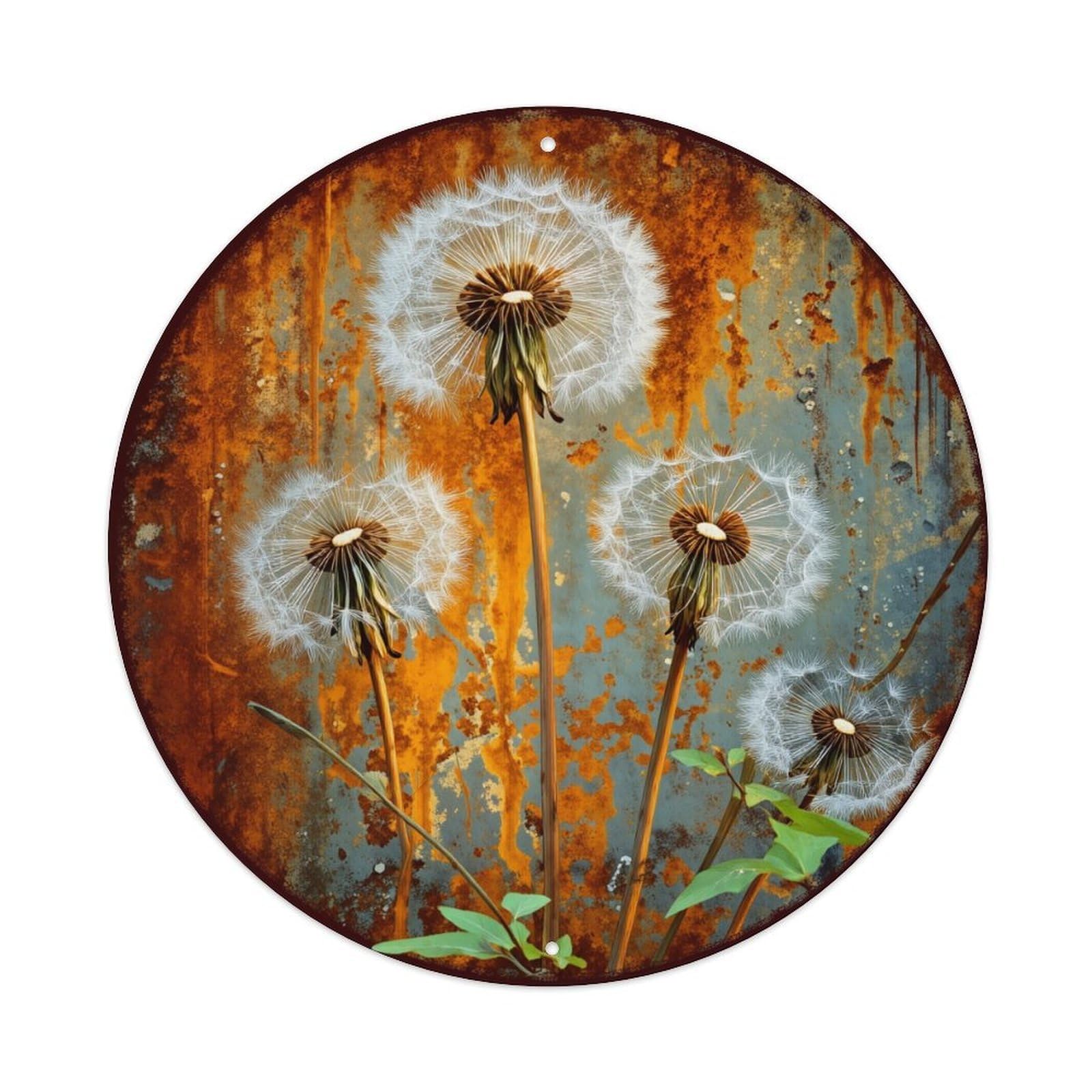 Dandelion Rust Metal Texture Art Round Tin Sign Retro Metal Sign for Cafe Bar Pub Home Game Room Gym Club Wall Decoration Vintage Metal Poster 8x8 Inch