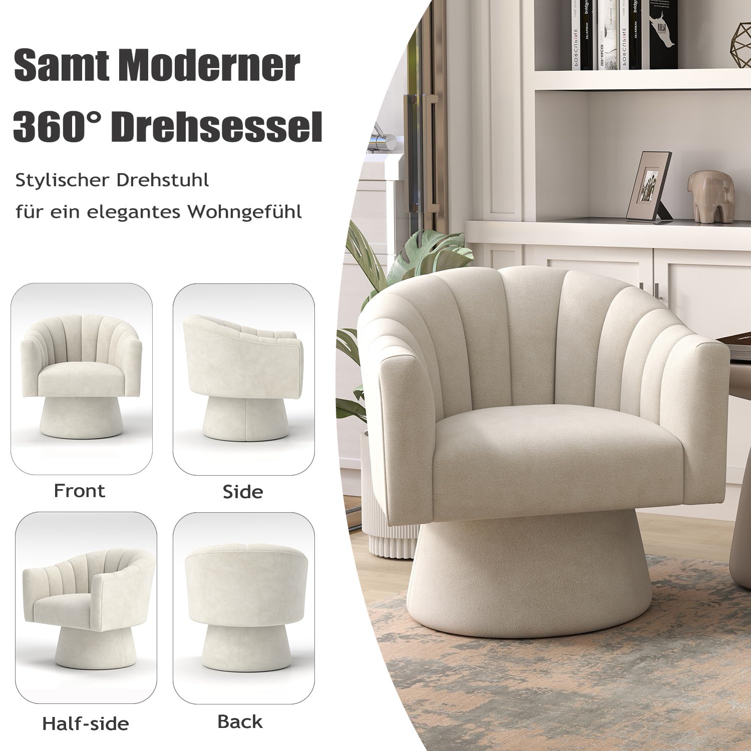 VANTEN Drehsessel Wohnzimmer mit Samt – 360° Drehbarer Sessel mit weicher Polsterung, Runder Armlehnstuhl für Schlafzimmer & Büro | Lesesessel mit Armlehnen(Beige)