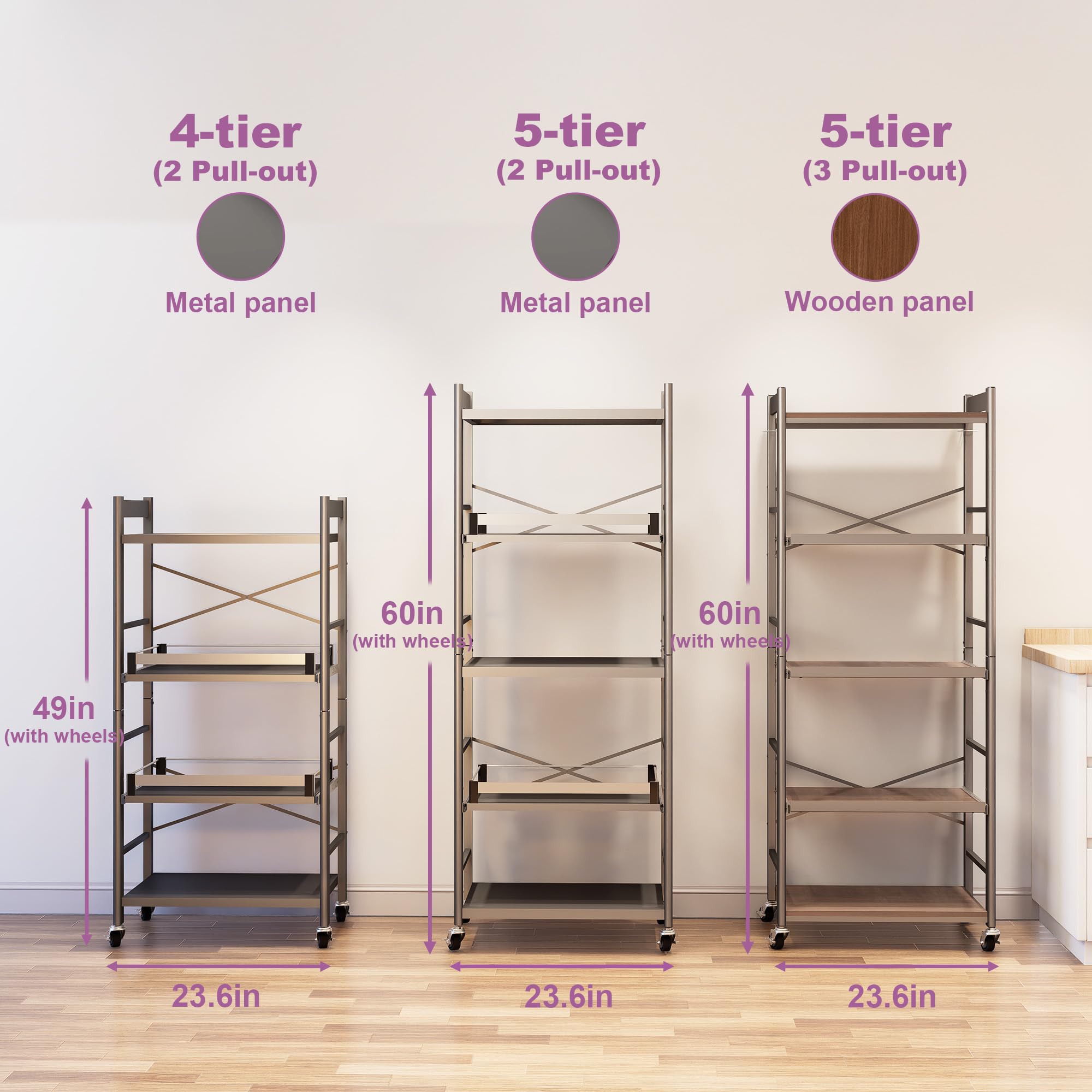 4-Etagen Küchenregal stehend, 2 ausziehbare Ablagen, Mikrowellenregal | 2 Schubladen mit verstellbaren Positionen, Für Airfryer und Küchengeräte, 4 Rollen, Freistehend, Platzsparend,60cmx125cm