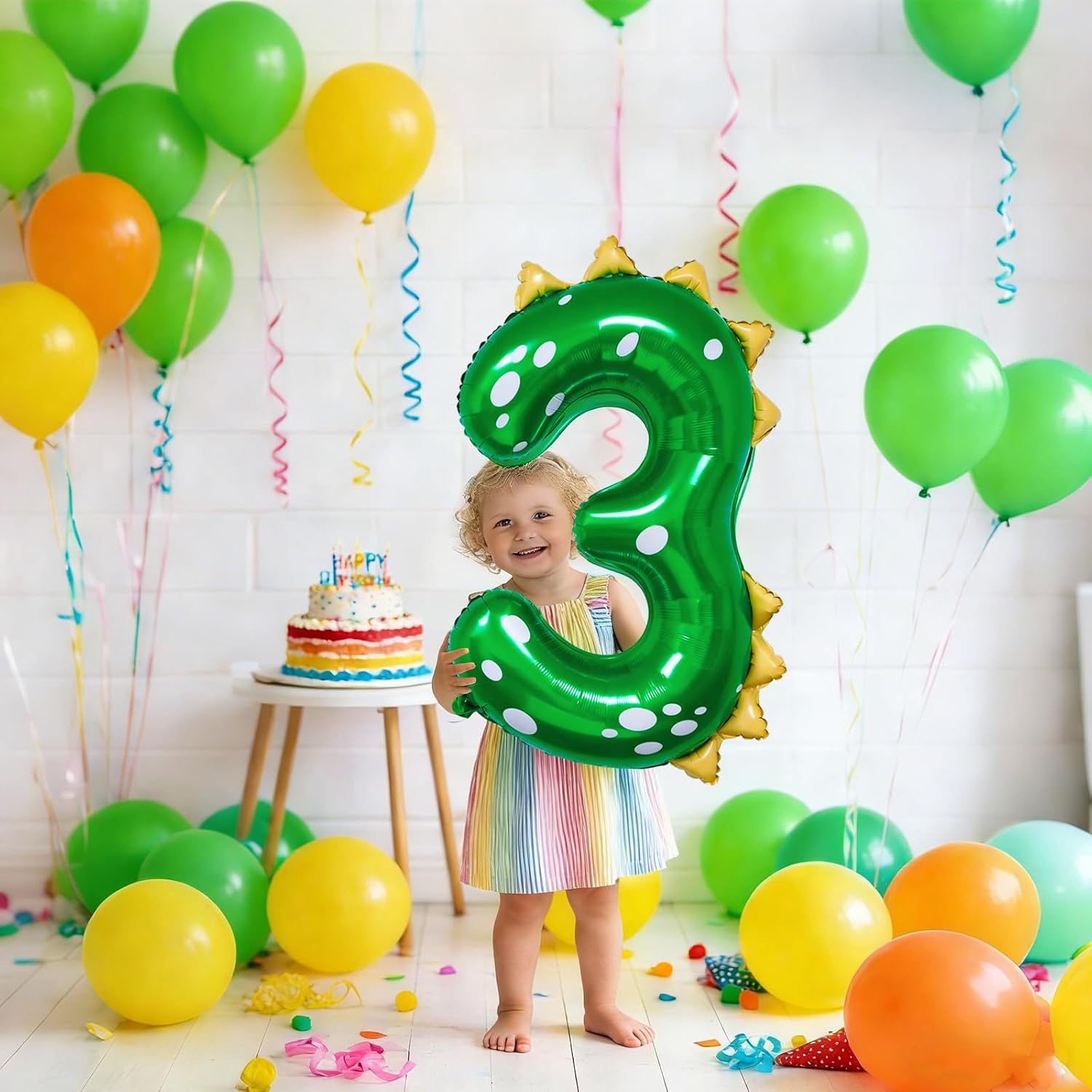 Dinosaur Birthday Decorations, 36'' Green Dinosaur Number 3 Balloon for 3rd Birthday Party Supplies (3)