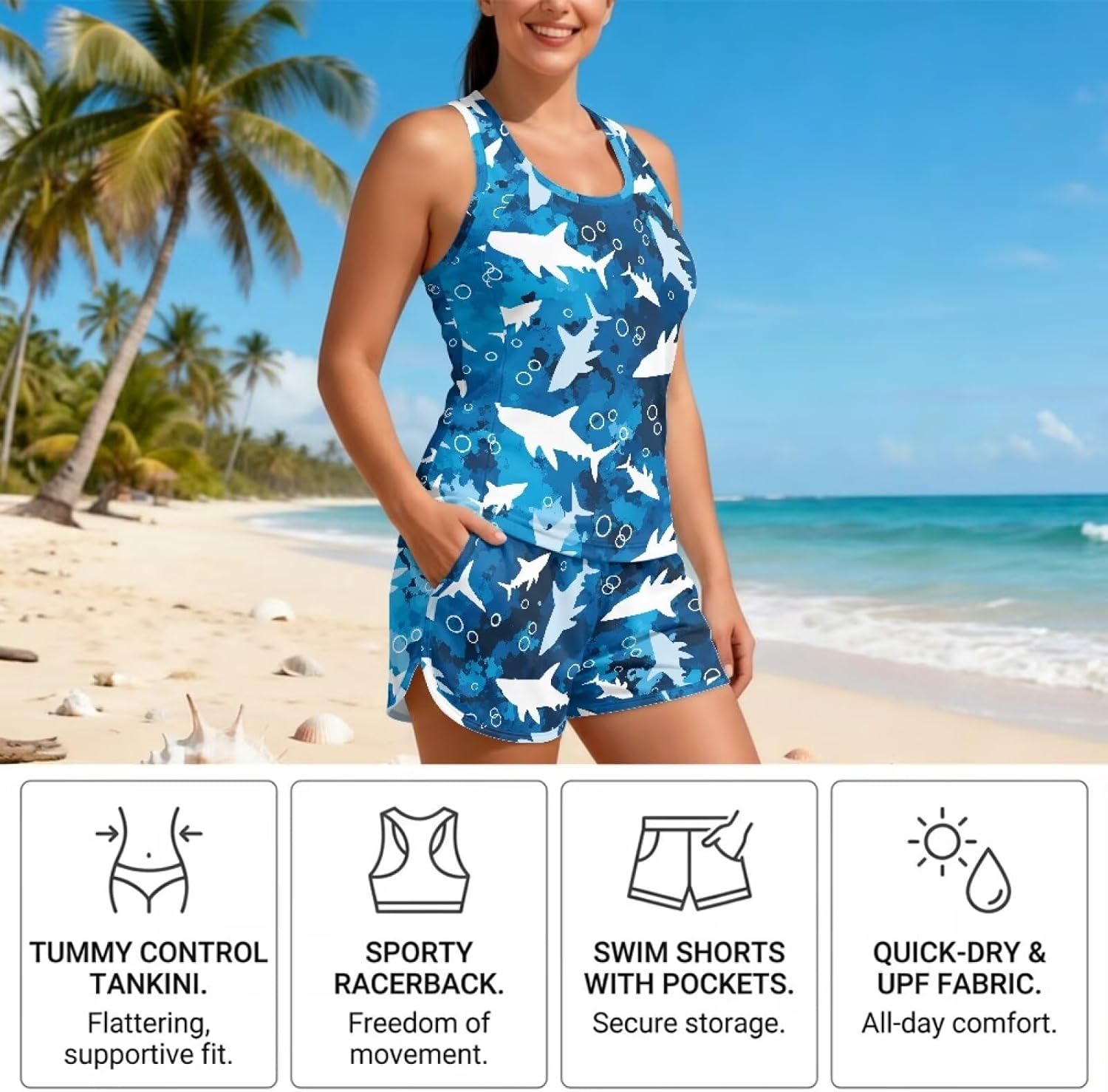 Biyejit Tankini Swimsuits for Women 2026 Tummy Control Two Piece Bathing Suits with Sporty Pockets Swim Boy Shorts Plus Size