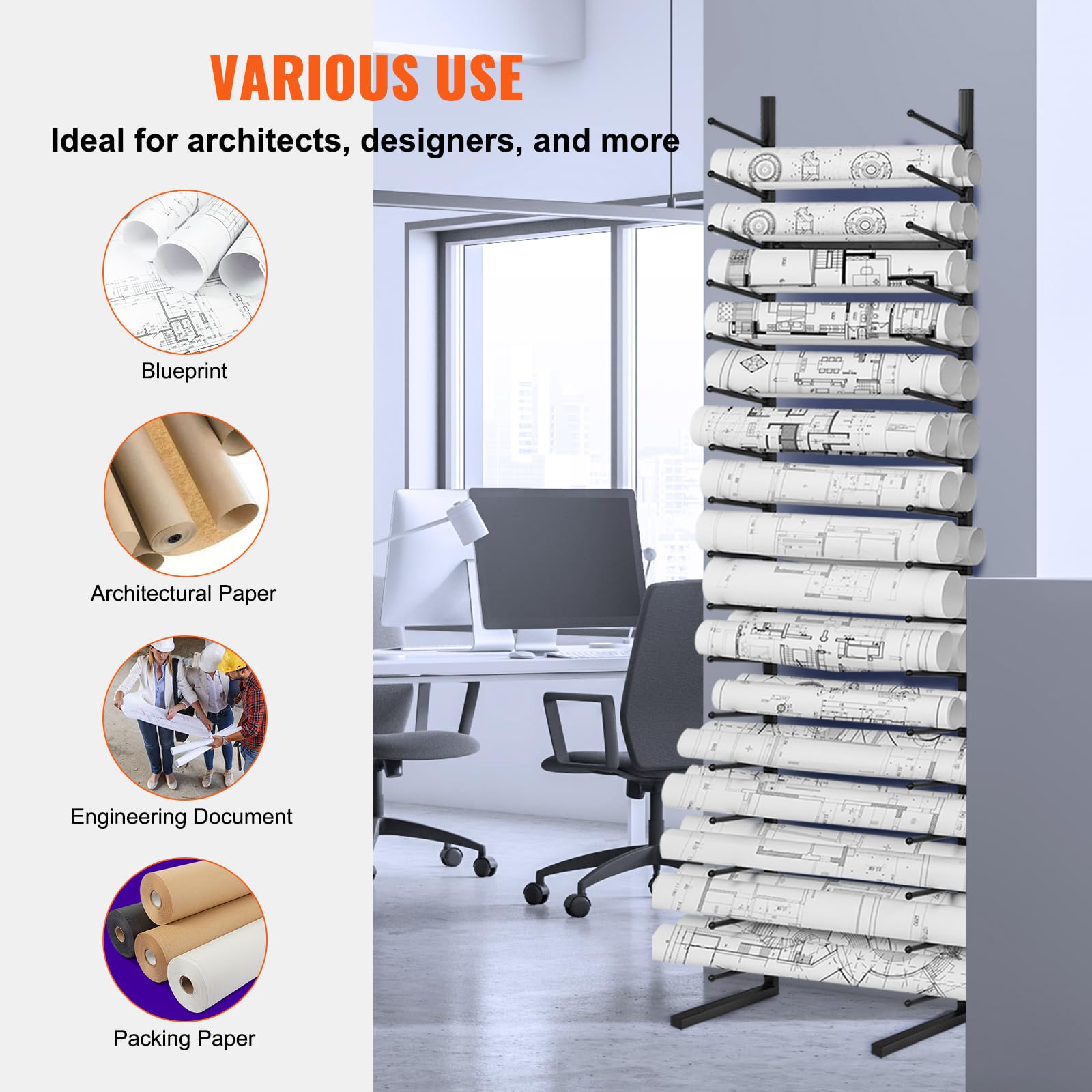 VEVOR Estante de Almacenamiento de Planos Estante Colgante para Exhibición de Carteles de 16 niveles, 2 Rollos/Neumático, Soporte Vertical para Archivos en Rollo de Planos para Pósteres, Mapas