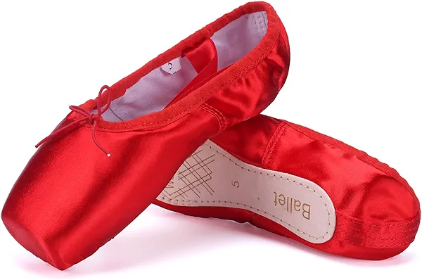 WENDYWU Girls Womens Dance Shoe Pink Ballet Pointe Slippers Ballet Flats Shoes with Ribbons Toe Pads Black Pink Red
