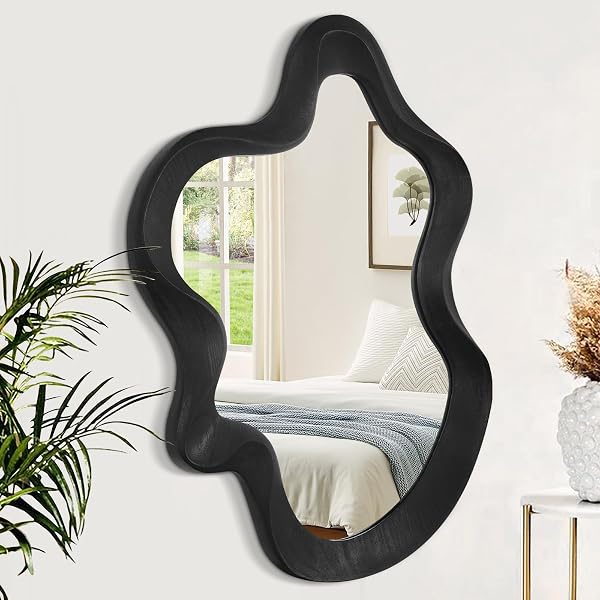 Wavy asymmetrical wood-frame wall mirror