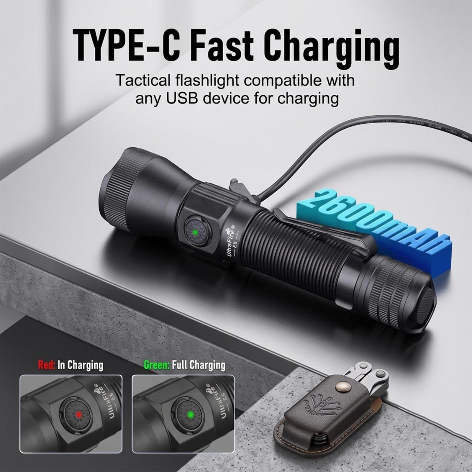 ULTRAFIRE Linterna táctica recargable con funda, linterna LED con zoom de 1350 lúmenes con bolsa para cinturón, 6 modos, USB-C, para policía/seguridad/aplicación de la ley/camping, E5