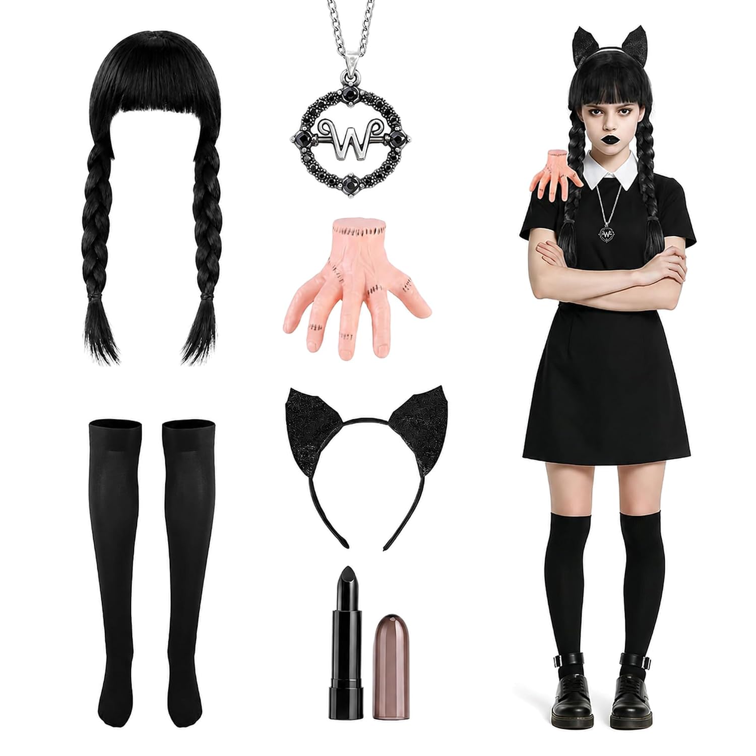 6 Pcs Halloween Black Braided Wig Accessories for Cosplay Goth Themed Party