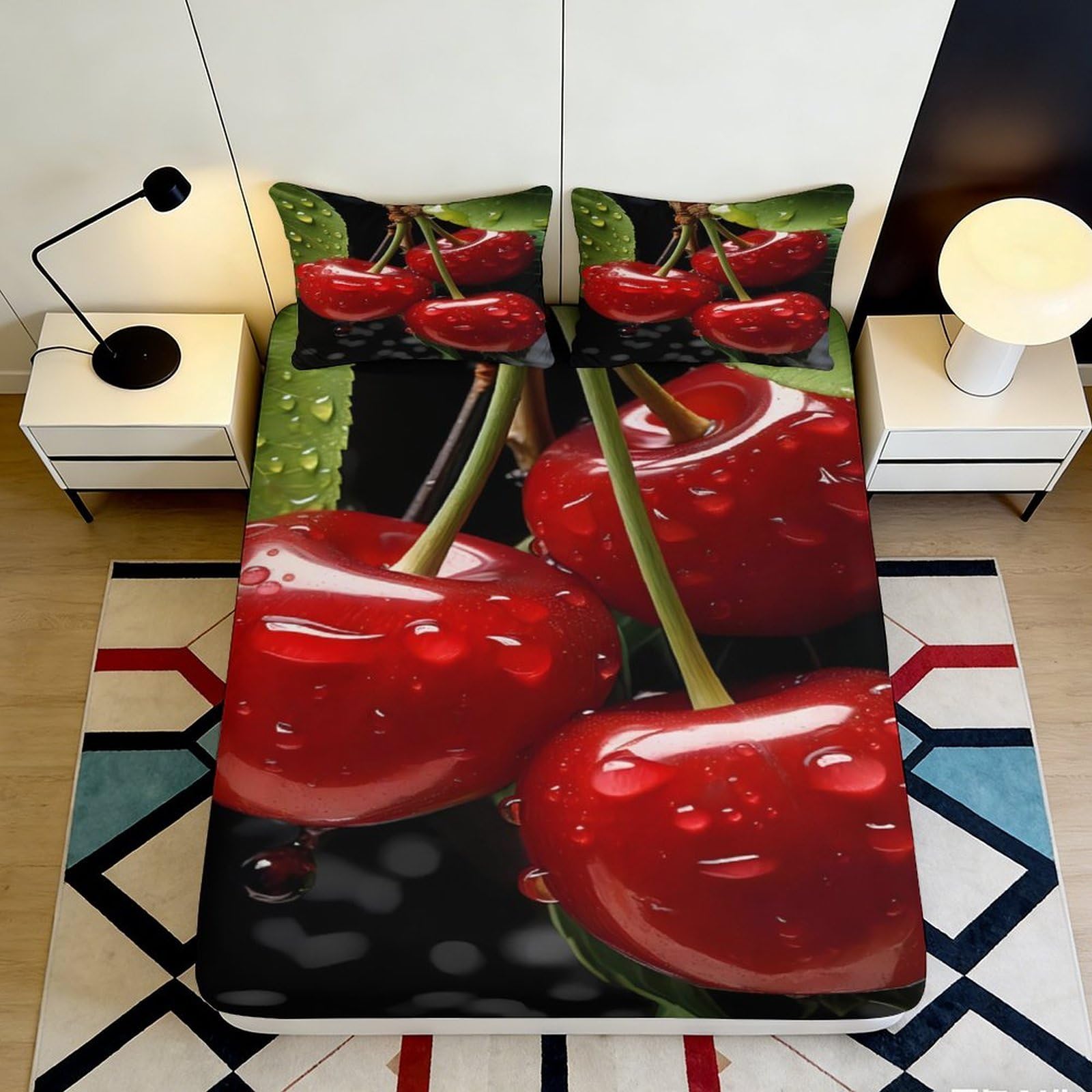3D Printed Cherry Fruit Fitted Sheet Microfiber Slip-Resistant Red Cherries Mattress Cover for Bedroom Dorm Décor 90x200x25cm