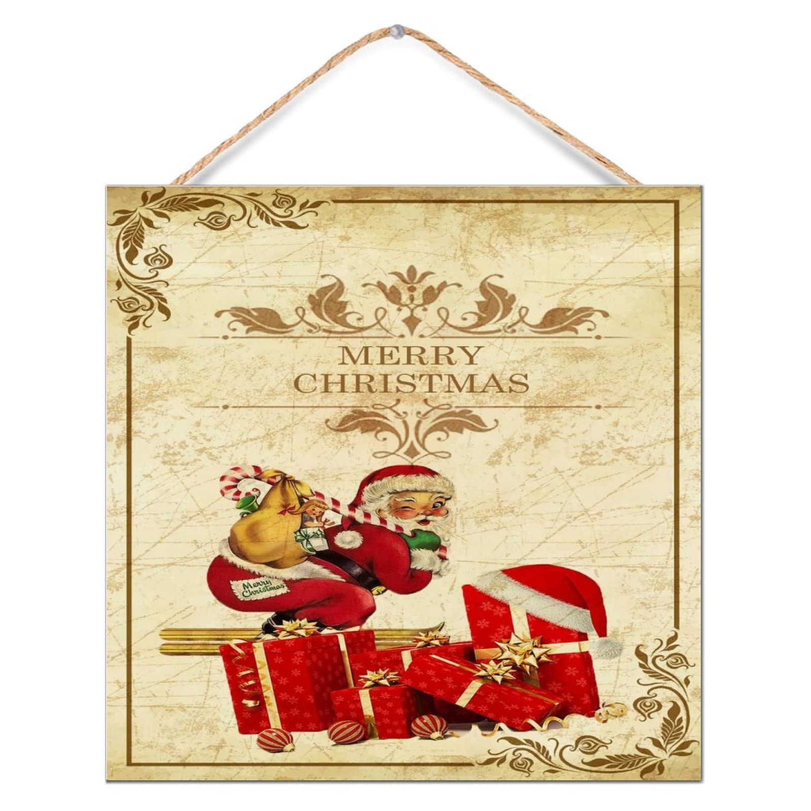 Plaque murale en bois Père Noël rustique de 30,5x30,5 cm pour décoration de bureau