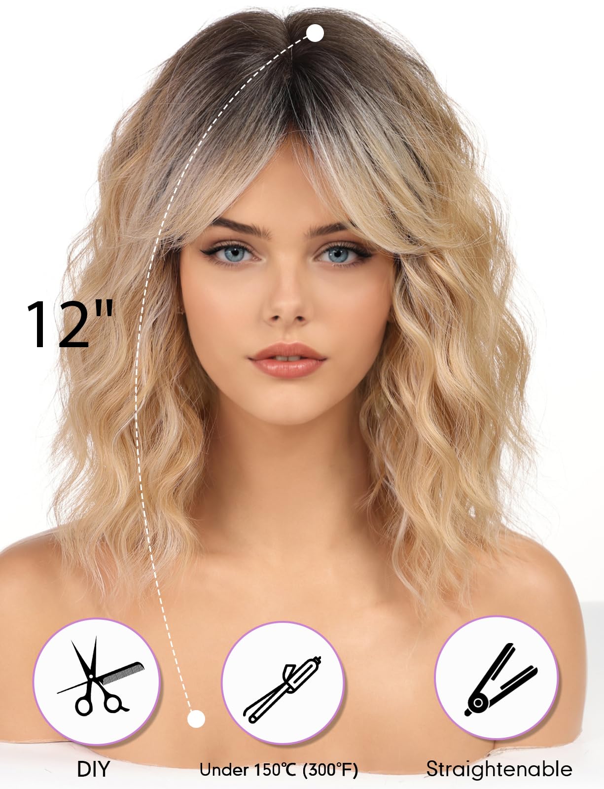 WOKESTAR Bob Curly Wig with Fringe, Short Synthetic Wavy Wigs for Women Honey Blonde Color, 22 pollici - Image 3