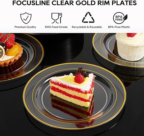 Miniatura 4 de FOCUSLINE 100 platos de plástico dorado transparente de 7 pulgadas, platos transparentes desechables resistentes con borde dorado, platos de