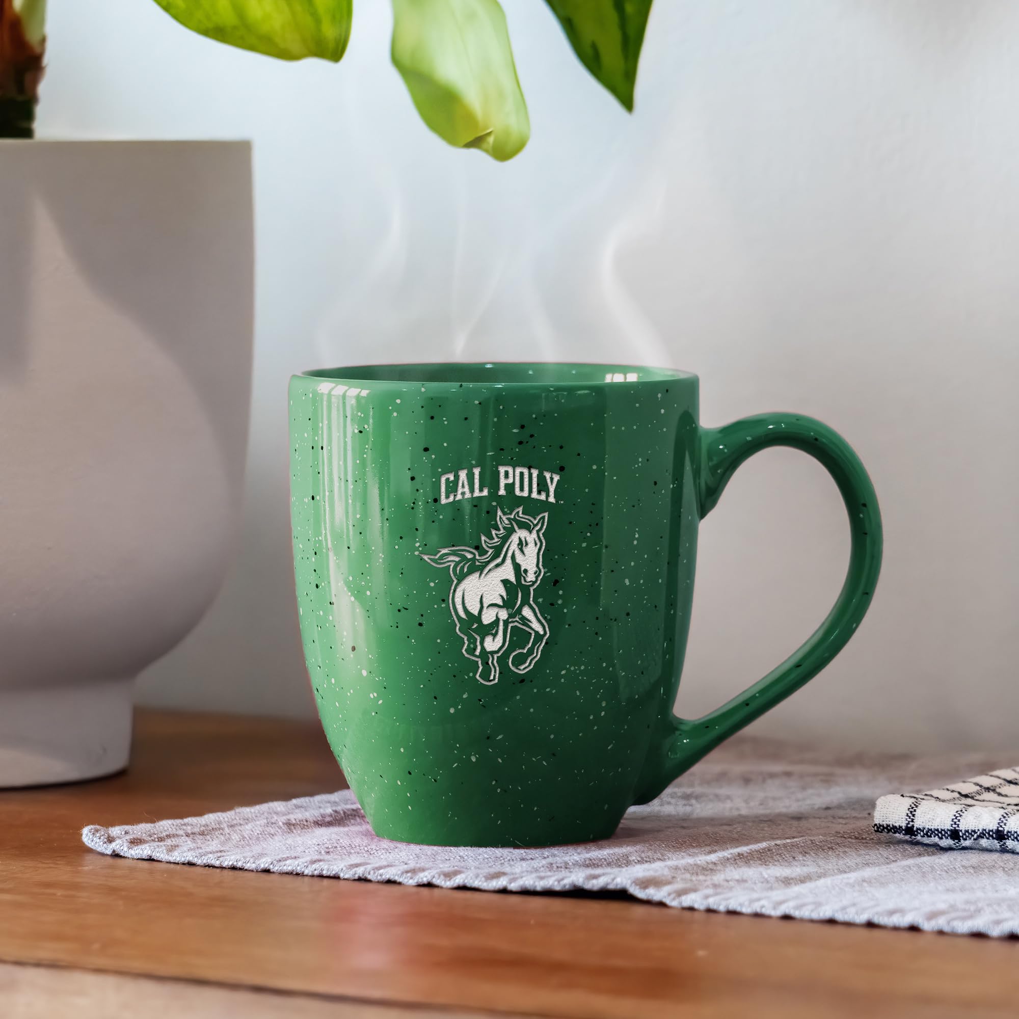 Rico Industries NCAA Cal Poly Mustangs - Taza de café de cerámica moteada grabada con láser, color verde, 16 onzas