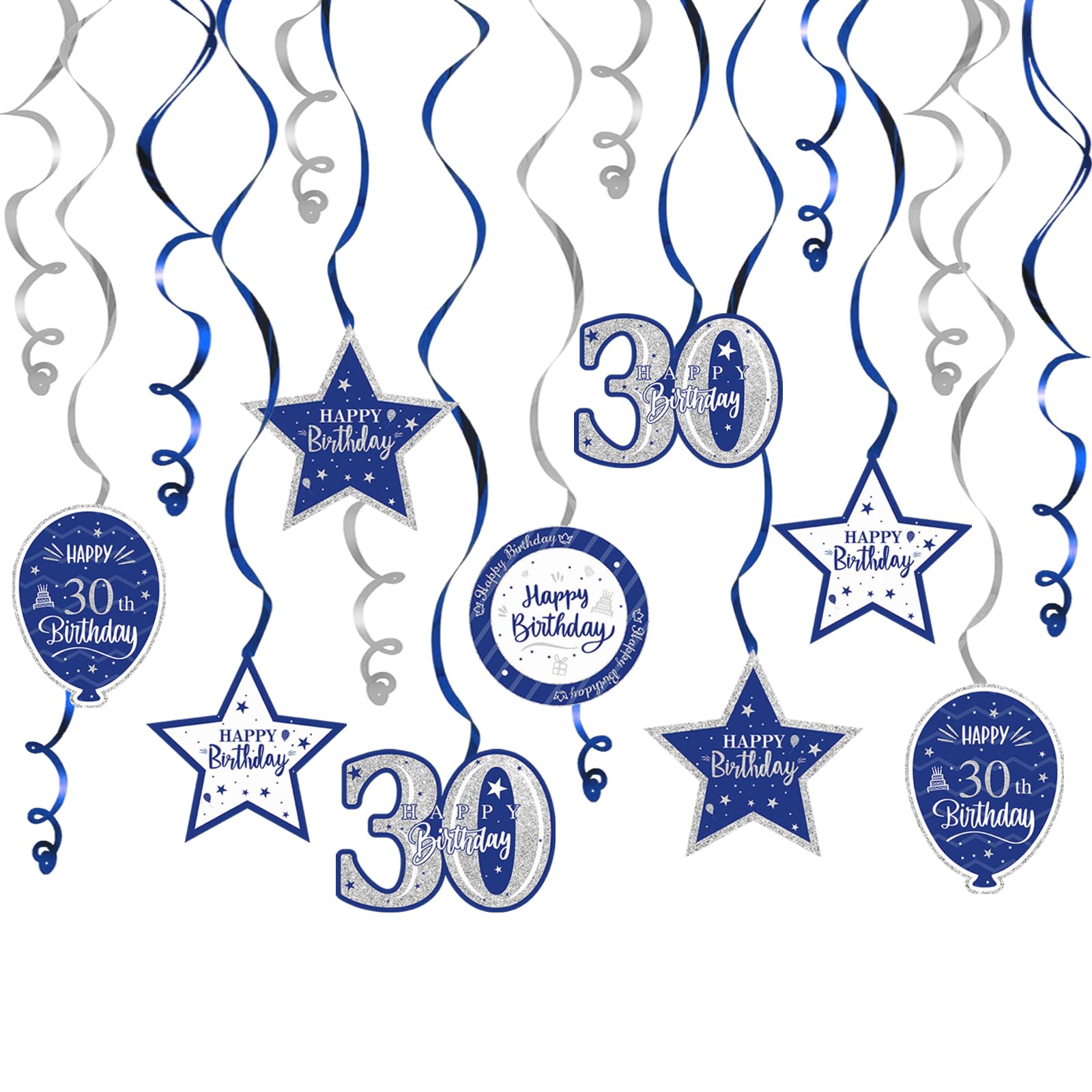 Nelbiirth Happy 30th Birthday Blue & Silver Glitter Swirls Streamers Party Decorations - 15 Pcs 30th Birthday Hanging Swirls Streamers Kit,Cheers to