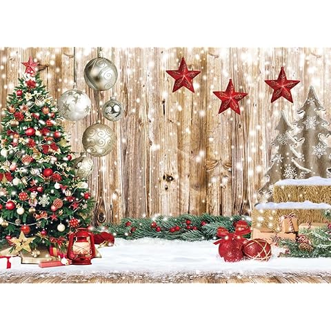CYLYH 8X6FT Christmas Backdrop Rustic Wood Snow Backdrop Xmas Tree Gifts Background for Christmas Party Decoration Xmas Family Party Banner Cover