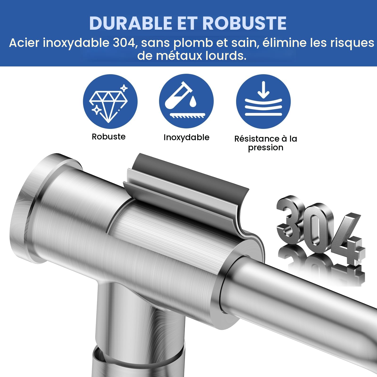 Mitigeur Robinet Cuisine - Robinetterie Evier Escamotable avec Douchette,Pivotant à 360,Deux Types de Jet d'eau,Acier Inoxydable,Forme en L Monolevier pour 1 Trou,Hauteur 27,3 cm,Nickel