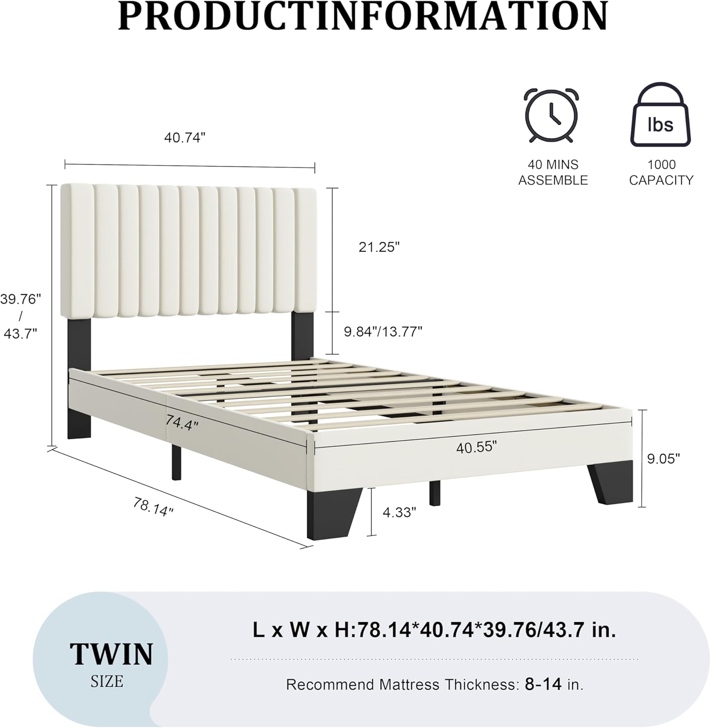Twin Size Bed Frame, Velvet Upholstered Platform Bed with Adjustable Tufted Headboard, Sturdy Frame and Slats, Noiseless, No Box Spring Required, Easy to Assemble, Black - Image 2