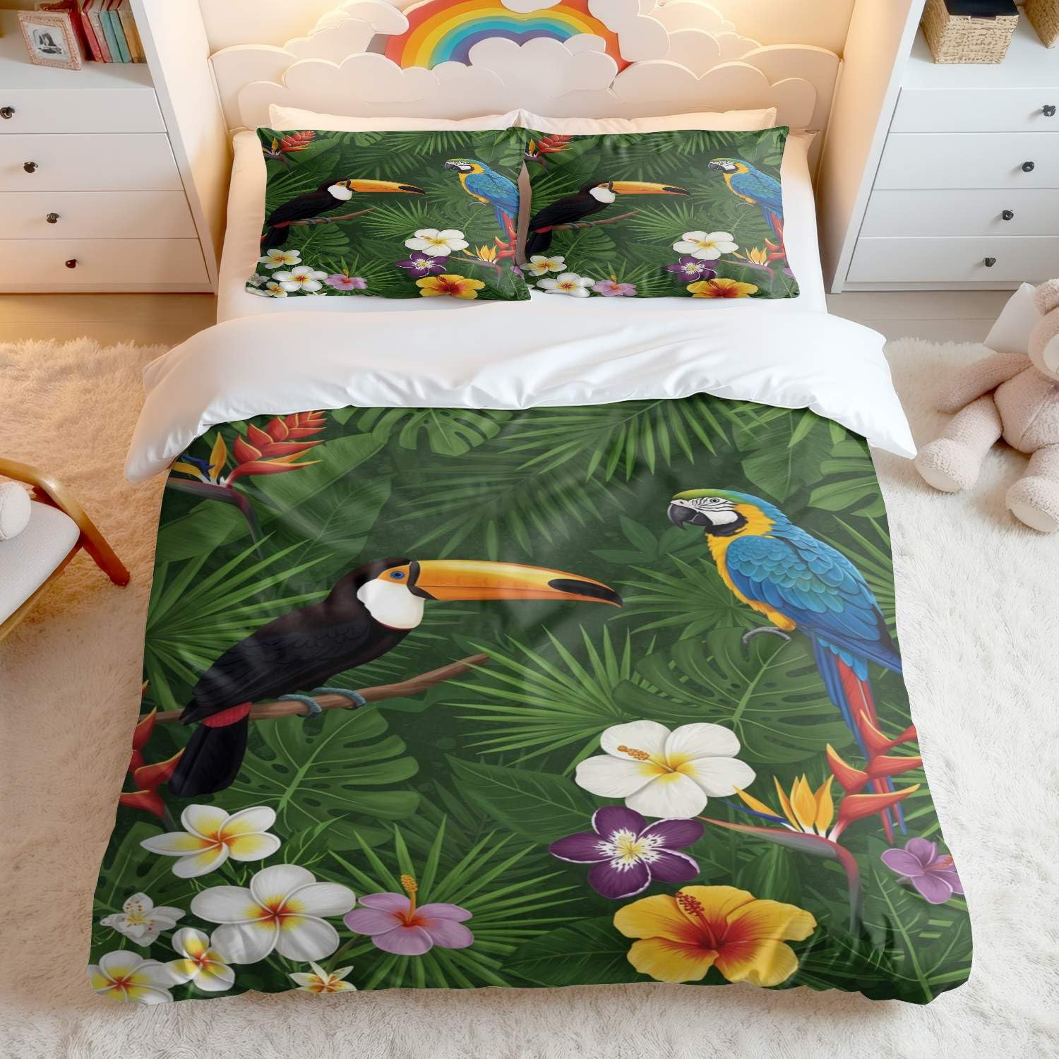 Housse de couette toucan et papillon pour illuminer la décoration d'une chambre d'ado ou d'adulte