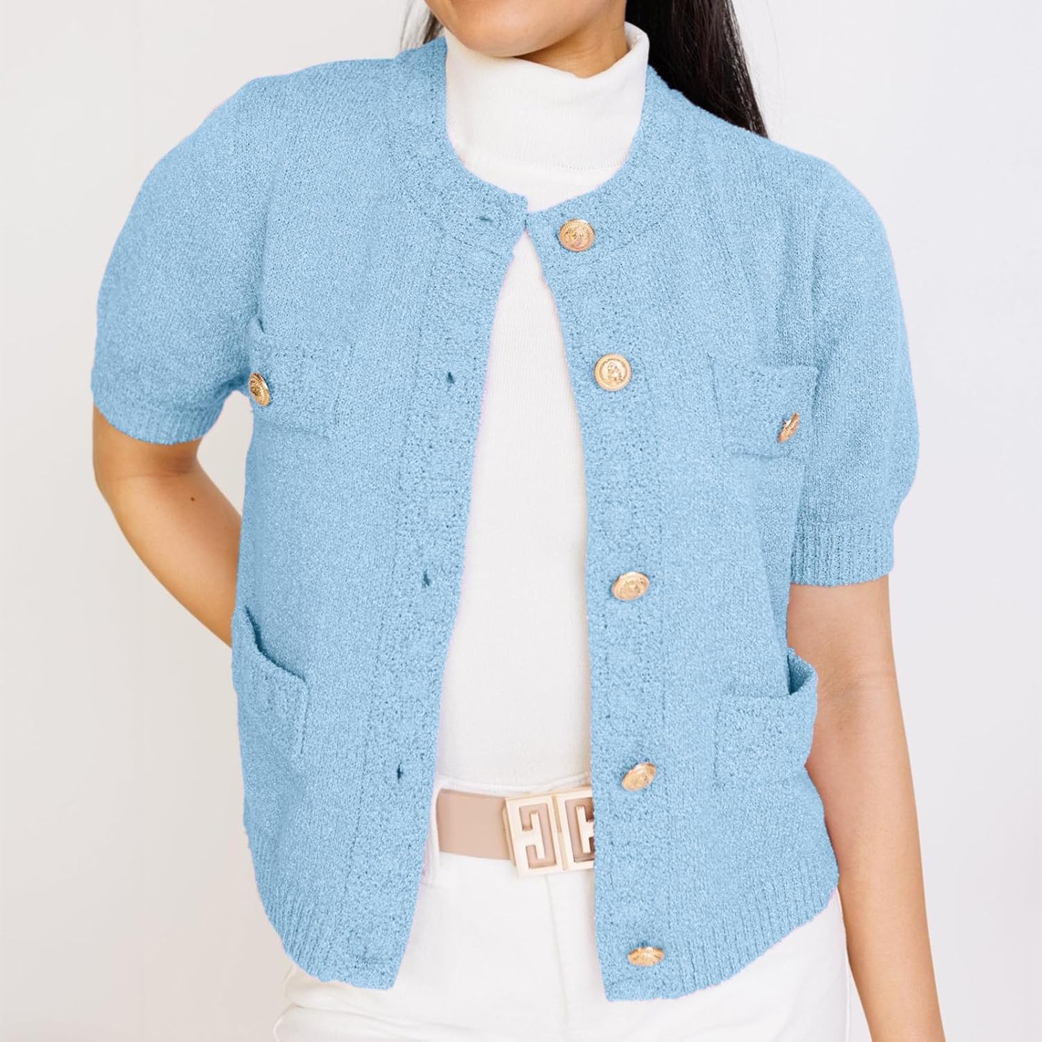 Hacikis Womens Button Down Cropped Cardigan Sweaters Crewneck Short Sleeve Knit Open Front Sweater Tops with Pockets - Image 4