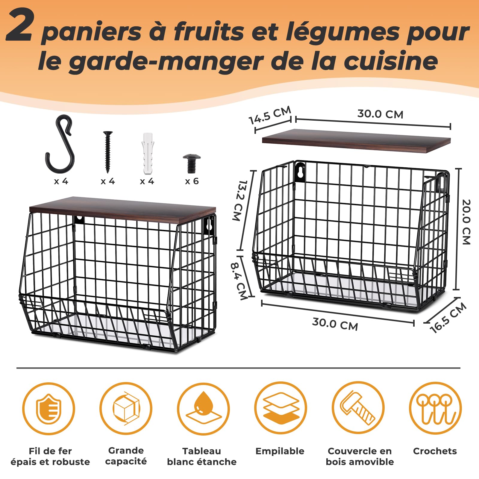Wawocs 2 Panier a Fruit, Panier Corbeille a Fruit Murale pour la Cuisine, Panier Rangement de Fruits et Legumes 4 Crochets pour Fruit Basket, Corbeille en Métal pour Ranger les Fruits et les Légumes