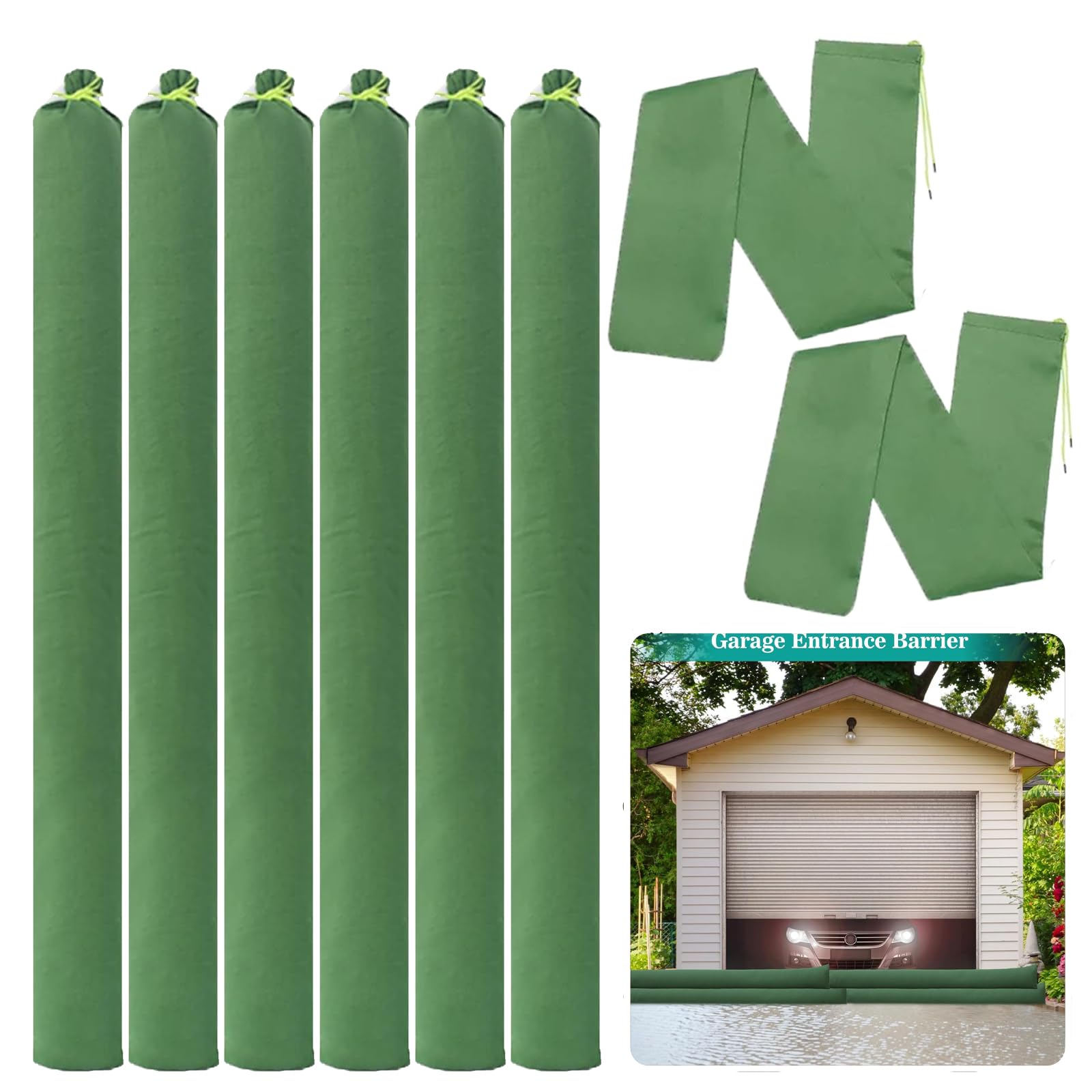 6 Pack Flood Water Barrier Sand Bags,Thickened Long Canvas Flood Protection Sandbags,Winter Bags for Swimming Pool Covers,Reusable Quick Flood Barrier for Home Flood Control (Light Green(59x7.9in)) — image 1