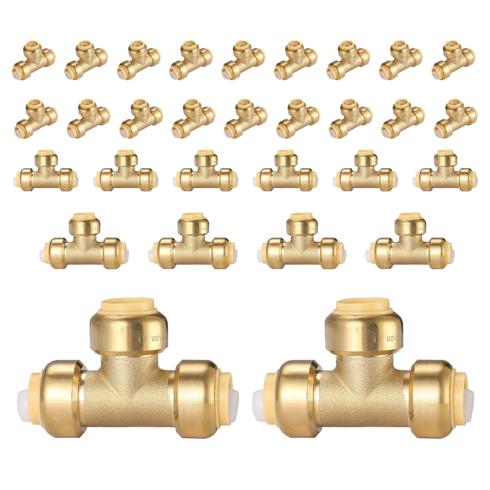 TLDONCXH 30 PCS Foskan 3/4" x3/4" X3/4" Push Fit Tee,LF-Brass Fittings, Push to Connect PEX, Copper, C, PE-RT Pipes, with Disconnect Clip for Plumbing Repairs