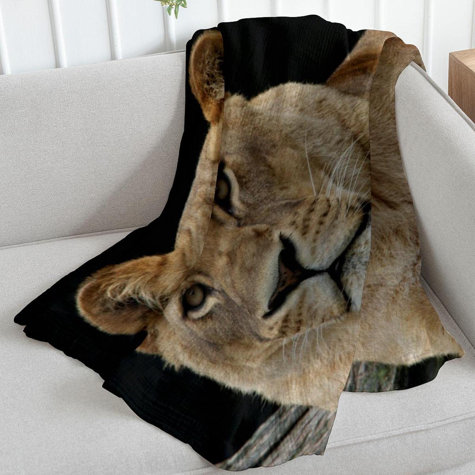 Coperta in pile con leone, per divano, divano, in stile boho, con stampa safari, sherpa, stile bohémien, decorazione per la stanza della giungla calda, coperta per bambini, 70 x 100 cm