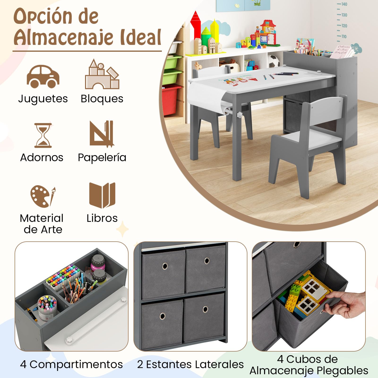 COSTWAY Juego de Mesa y Sillas para Niños, Escritorio de Dibujo con 2 Sillas, Rollos de Papel y Soporte para Papel, Compartimentos y Estantes Abiertos,4 Cestas,Mesa de Actividades para Niños (Gris)