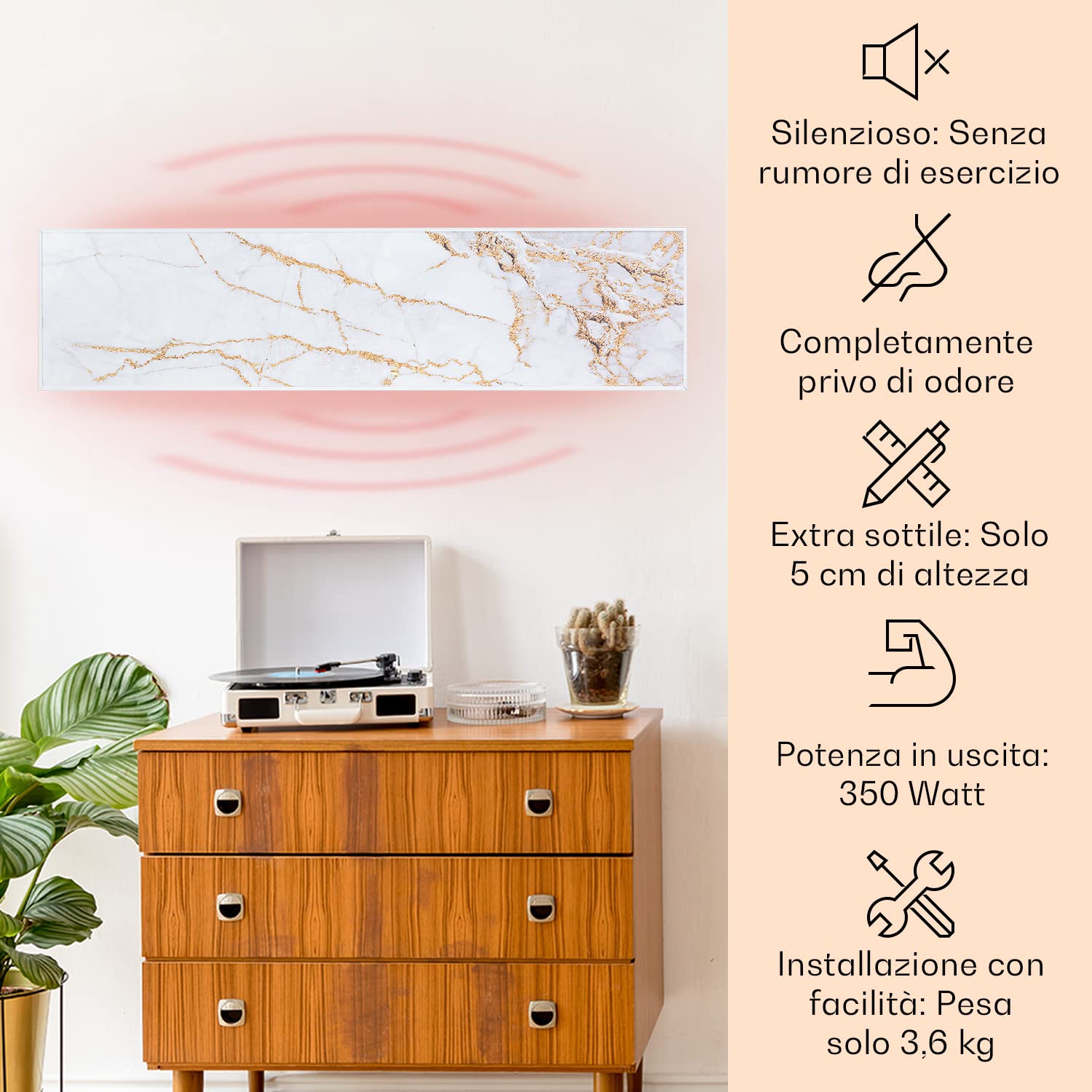 KLARSTEIN Wonderwall Air Art Smart - Pannello Radiante Infrarossi, Radiatore di Calore, 350 W, 7 m², App Control, Silenzioso, a Parete, 120 x 30 cm, Design: Marmo II