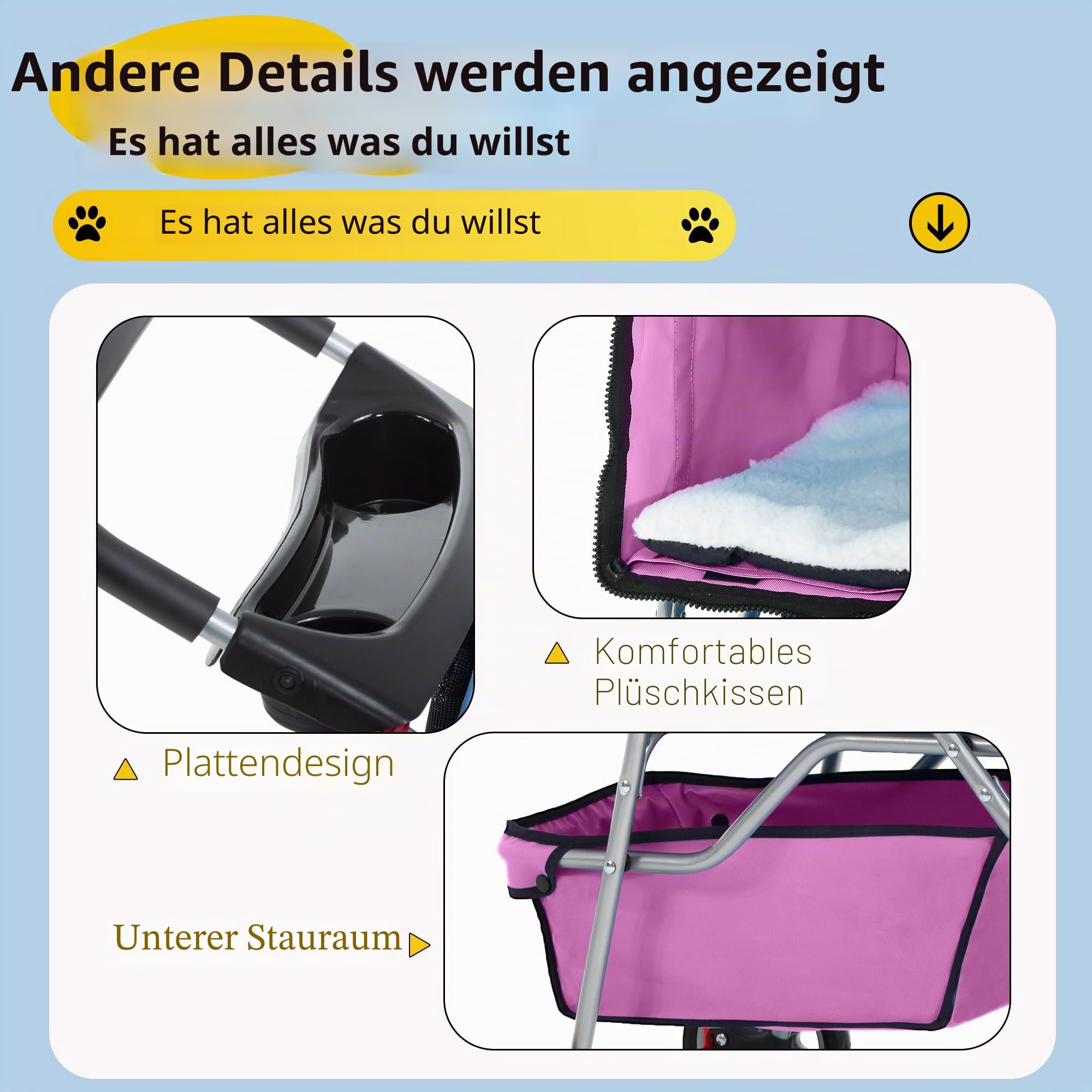 FDW Hundewagen, Faltbar Hundebuggy, Katzenwagen mit 2 360°Drehrädern, Inkl. Aufbewahrungskorb,Kissen&Netzfenstern Getränkehalter 4 Räder, bis 15 kg, Klappbar Haustierbuggy Jogger Buggy, Rosa