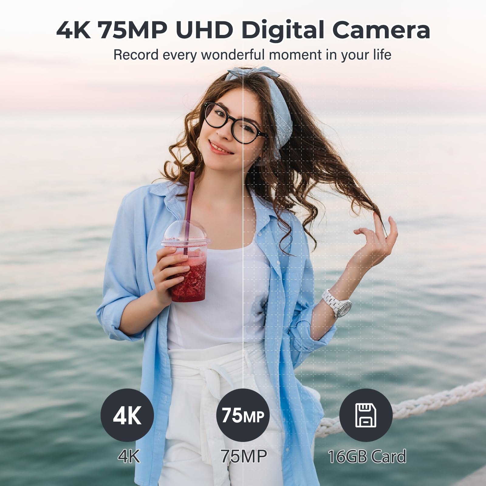 Fotocamera digitale 4K 75MP con Wi-Fi, display pieghevole da 3" a 180°, fotocamera con messa a fuoco automatica | Scheda Micro SD e 2 batterie da 1500 mAh, fotocamera vlogging, zoom digitale 16X, per principianti, adolescenti, adulti