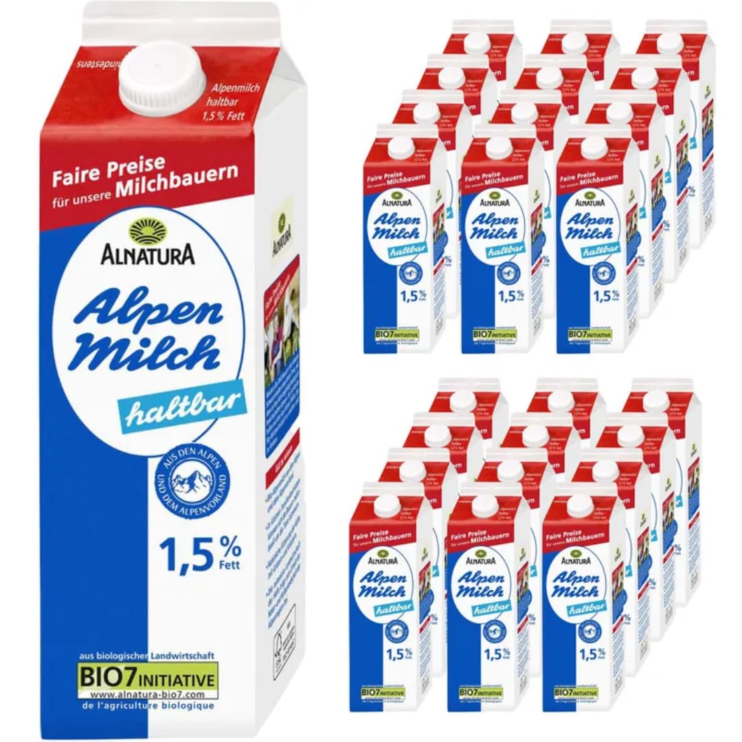 Milch Alnatura fettarme H-Milch 1,5% Fett Haltbare Milch Alpenmilch Milch, je 1 Liter, 24 Stück