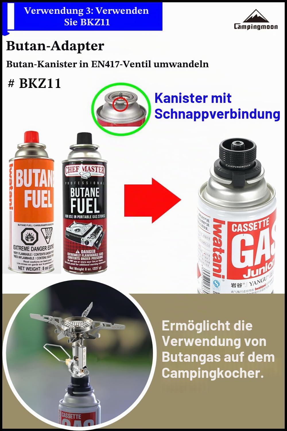 CAMPINGMOON Gaskanister Nachfülladapter Butan auf Isobutan Transfer Adapter Schwarz BKZ15/BKZ11