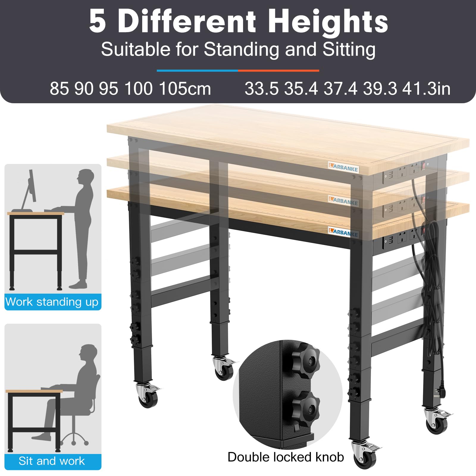 LARBANKE 120CM Verstellbare Werkbank,Werkbank aus Gummibaumholz mit Maßstäben,Höhen von 85-105cm,900KG Belastbarkeit Hartholz Arbeitstisch,Werkbänke mit Rädern und Fußpolster