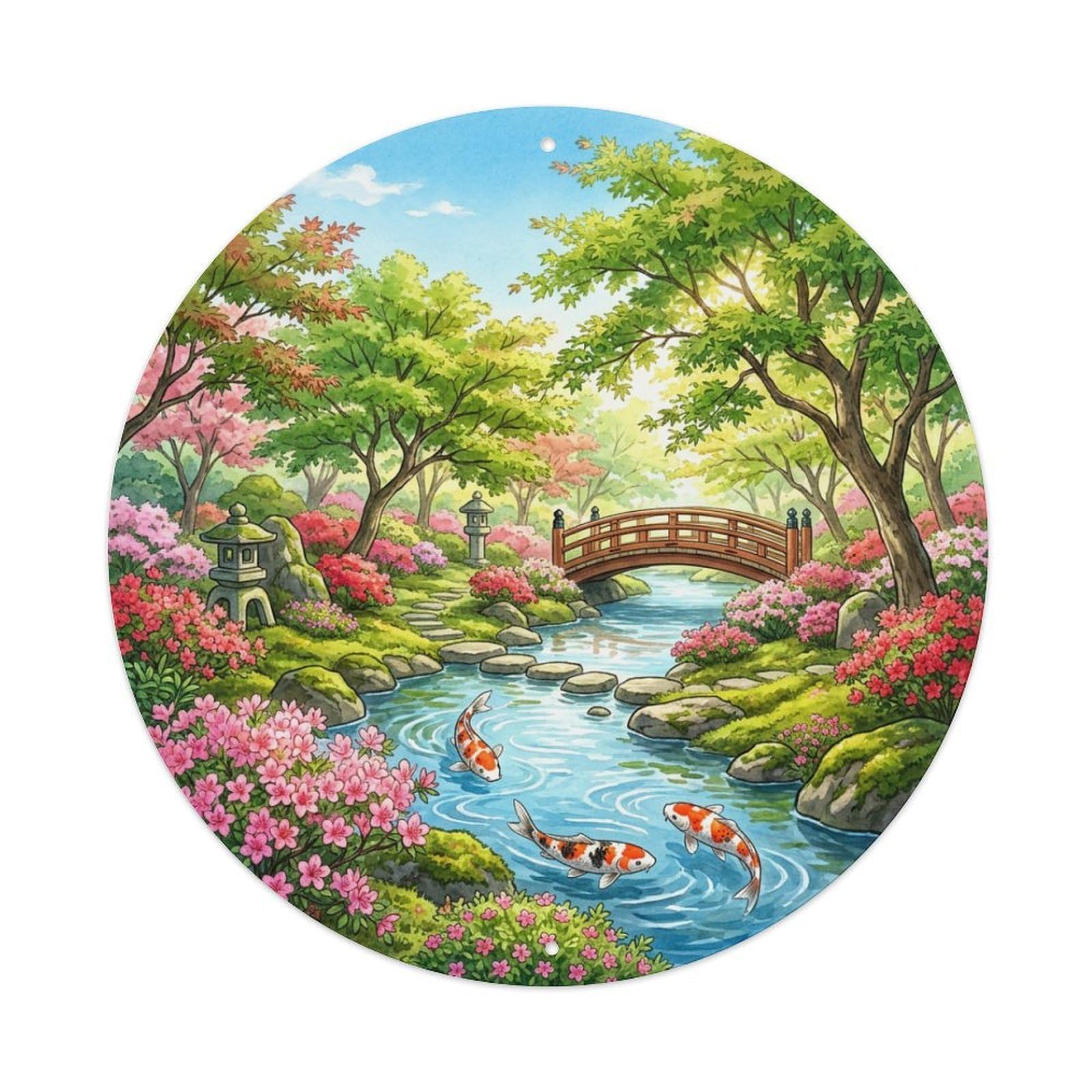 Galvaxio Style Japanese Koi Fish Azalea Bushes Spring Color Metal Tin Sign