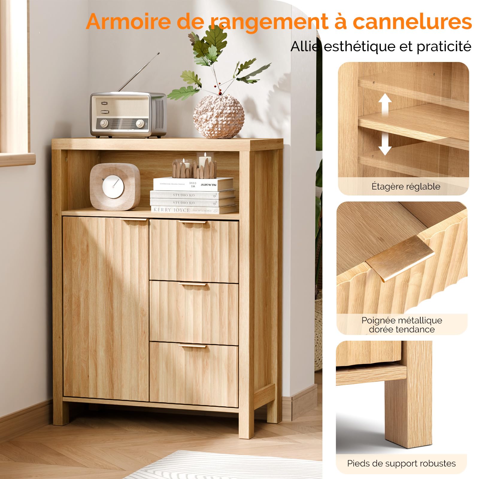 Bonnlo Meuble de Rangement, Armoire de Rangement en Bois avec 1 Compartiment Ouvert, Meuble sur Pied avec 4 Tiroirs, Commode pour Cuisine, Entrée, Salle de Bain, Chêne, 59 x 30 x 81 cm
