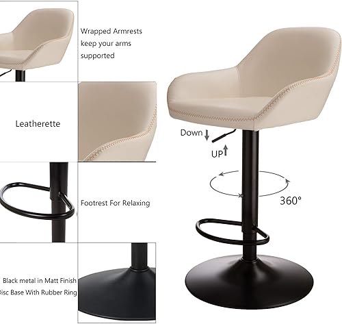 Miniatura 6 de Glitzhome Mid Century - Juego de 2 taburetes de bar ajustables de cuero giratorio vintage con respaldo y reposapiés, taburetes de bar modernos de