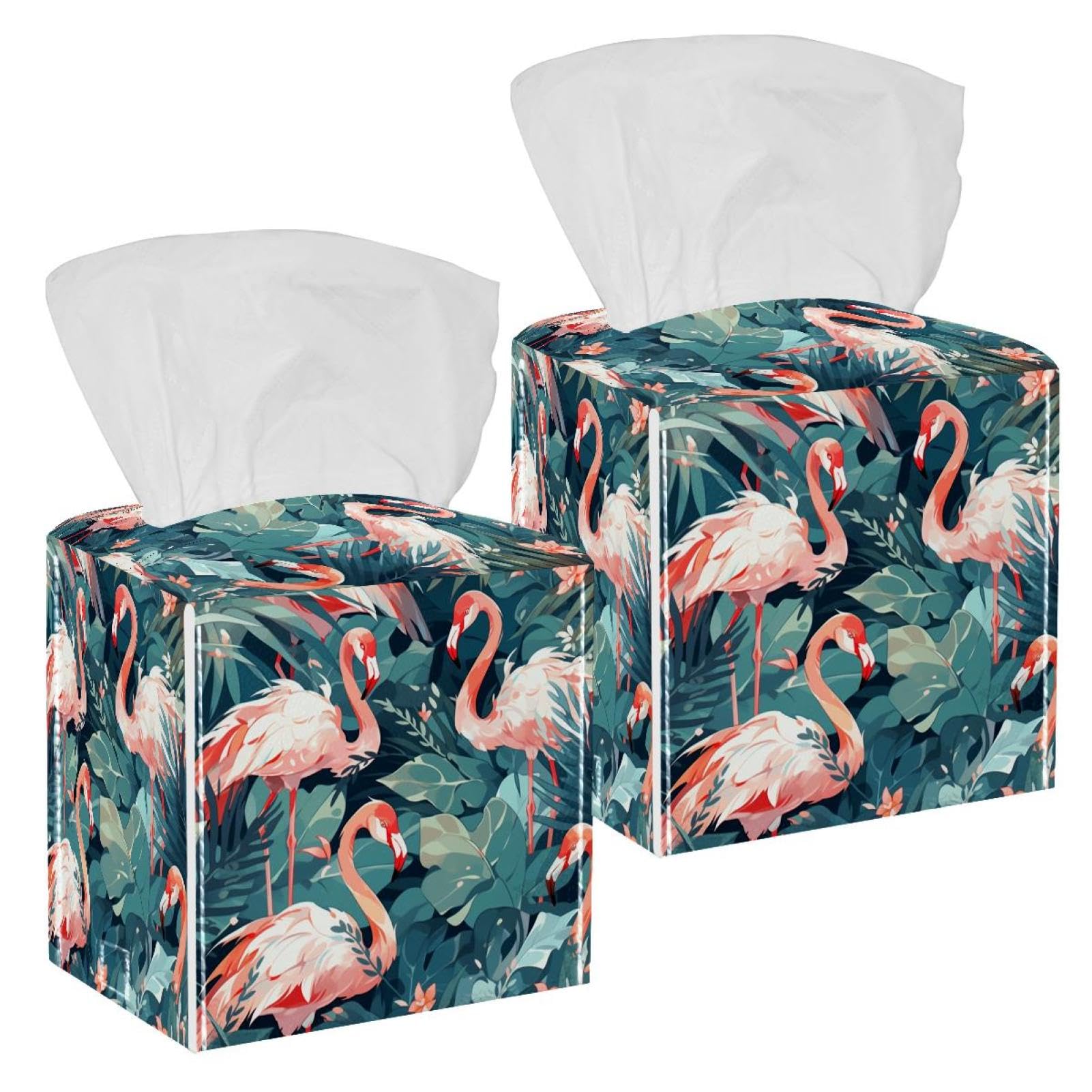 Flamingo Tissue Box Cover, 2 Pack PU Leather Square Facial Tissue Dispenser Box holder for Home Office Car
