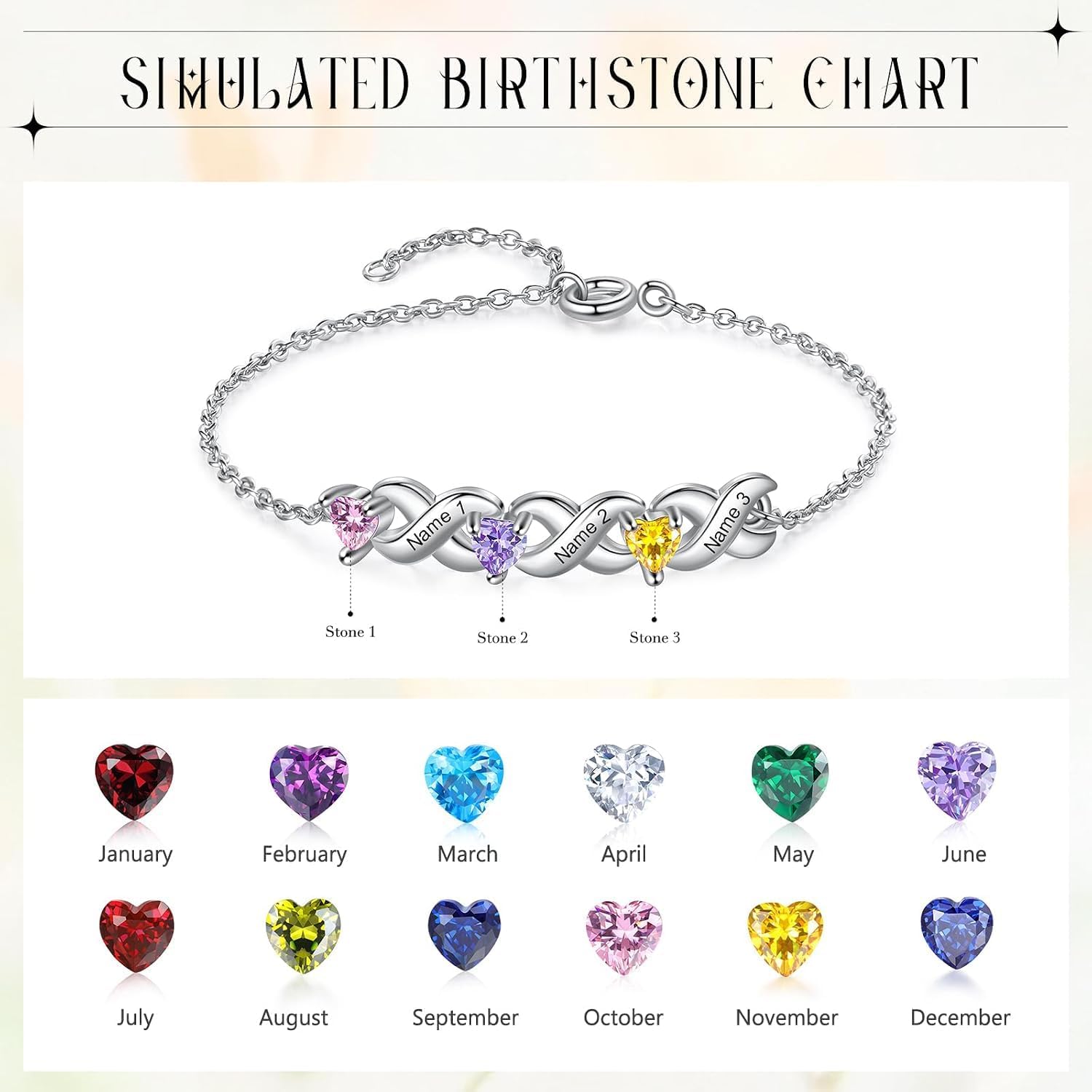 Personalized Heart Bracelet, Custom Name Birthstone Jewelry Gift for Women | Silver, Stainless Steel, Adjustable Chain, Engraved Keepsake, Anniversary Present, Everyday Elegance, Meaningful Surprise