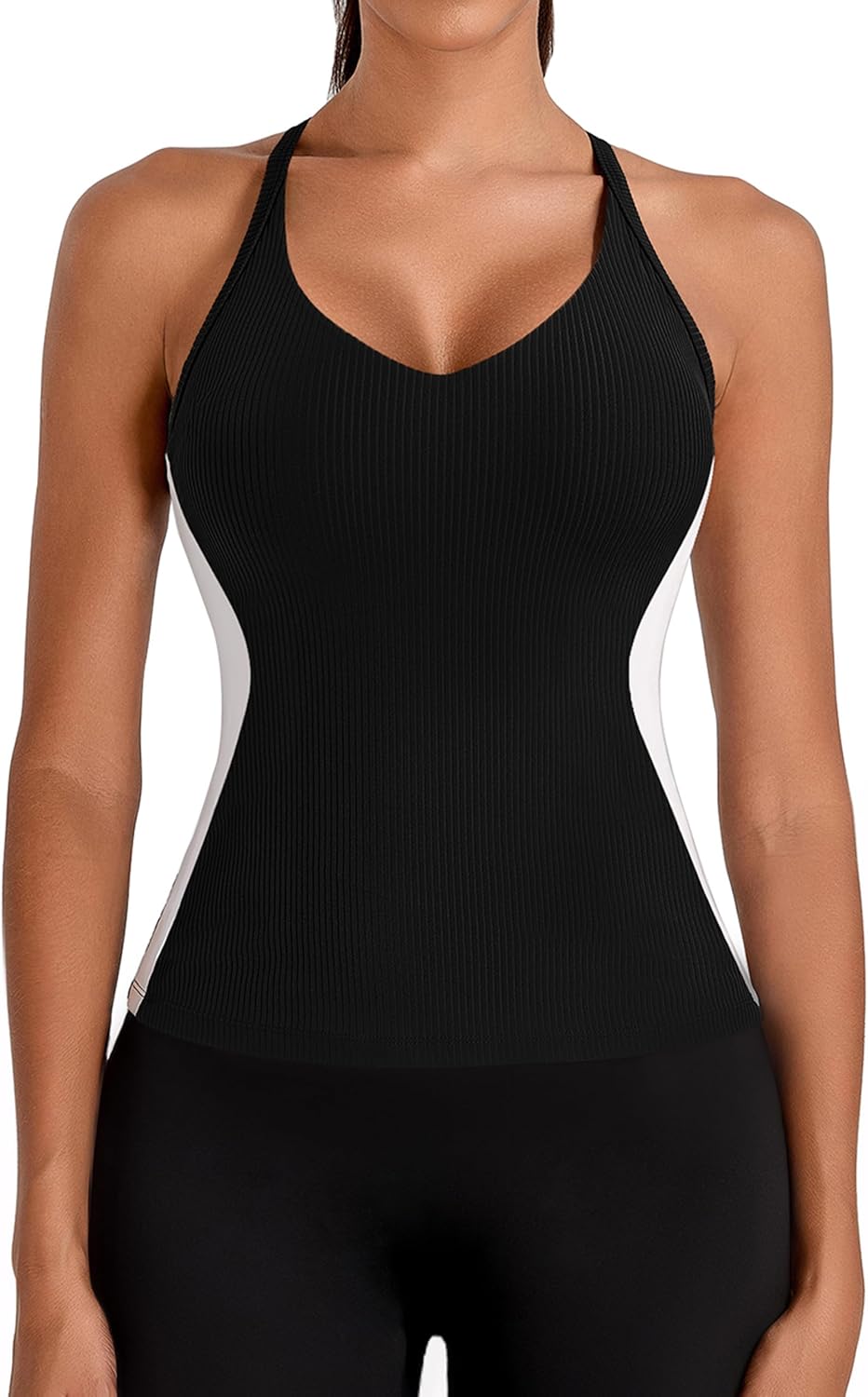 BMJL Womens Ribbed Workout Tank Tops Built in Bras Color Block Athletic Yoga Shirts Racerback Camisole