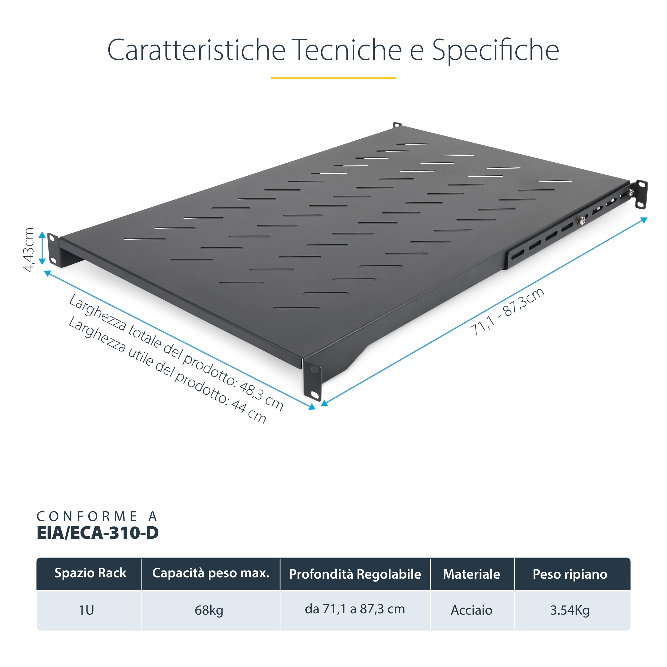 StarTech.com Ripiano Rack 19" 1U Ventilato, Mensola Regolabile (71,1-87,3cm) in Acciaio per Armadio Rack a 4 Montanti. Max 68kg