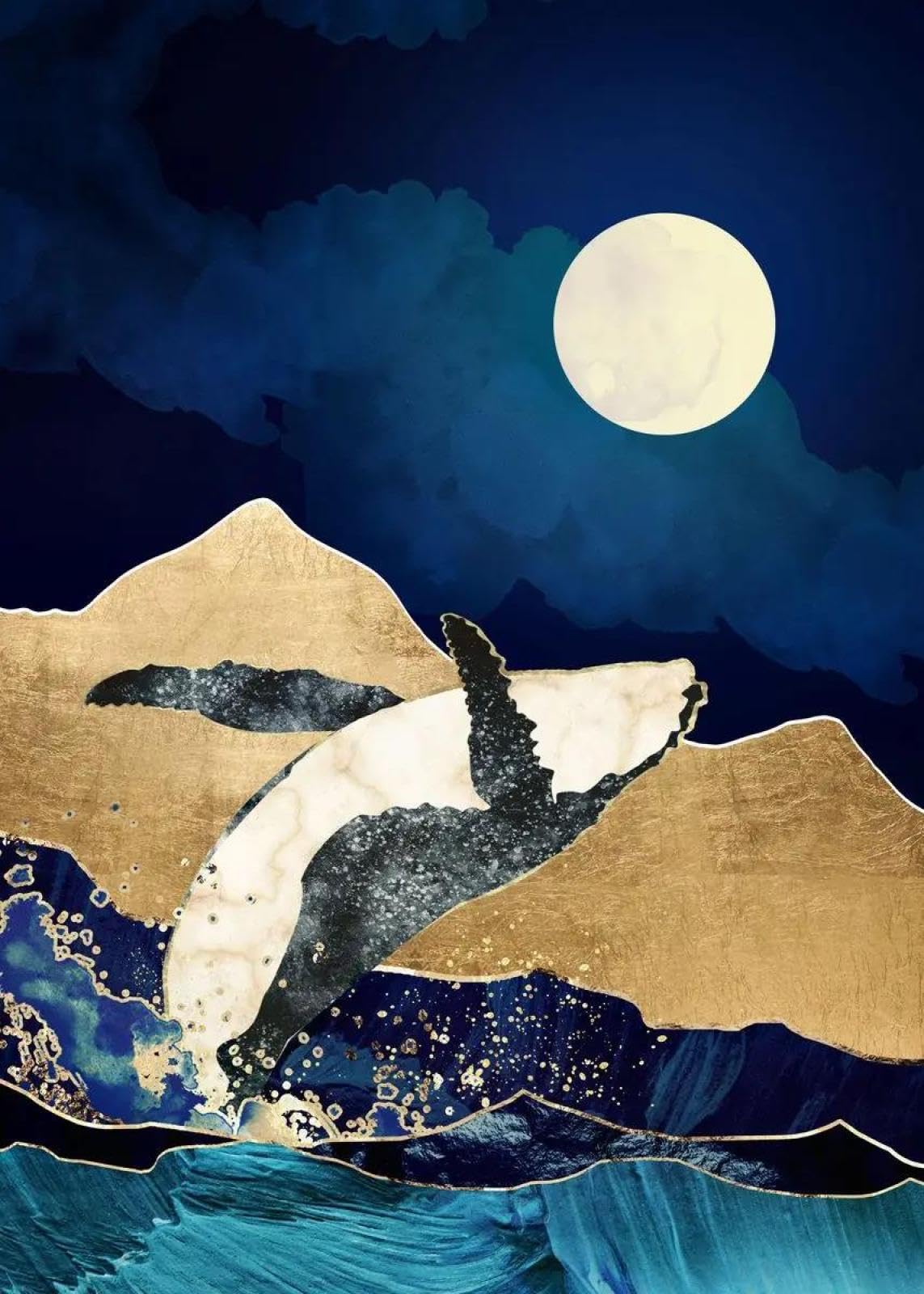 Baibexing Cartoon Humpback Whale Canvas Painting Underwater Waves Boat Blue Whale Dream Fantasy Poster Prints Living Room Home Decor A7 60X90Cm Unframed