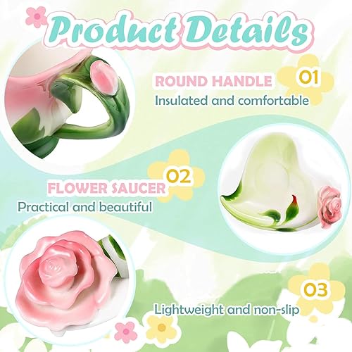 Miniatura 4 de ONEUSTAR Juego de taza de té rosa y platillo para 1 taza de café de cerámica hecha a mano con flores rosas para el día de la madre, Acción de