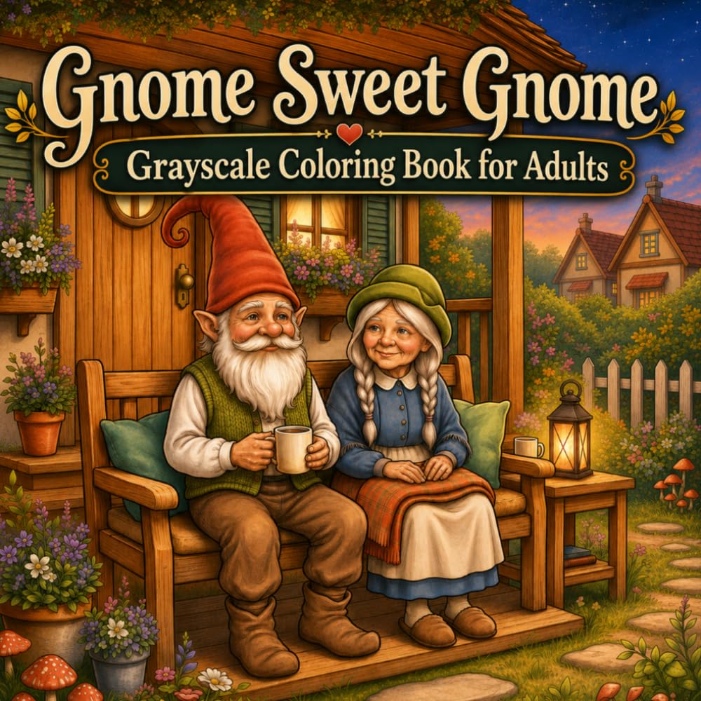 Gnome Grayscale Coloring Book for Adults: Gnome Sweet Gnome A Cozy and Relaxing Cottagecore Coloring Book for Stress Relief (Cozy Gnome Village Coloring Collection)