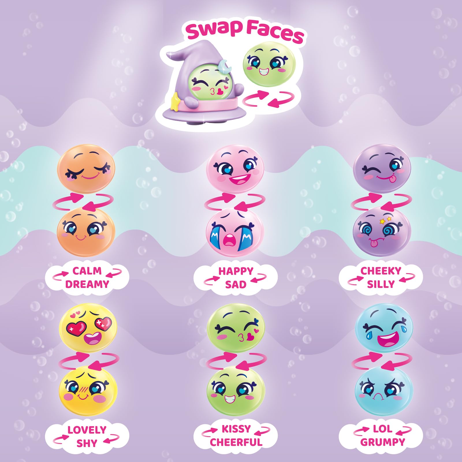MOJI POPS Pearl Series - One Pack. Pudełko z 24 kopertami niespodzianek z figurkami kolekcjonerskimi z dwustronnymi buźkami. Każda koperta zawiera 1 niespodziankę Mojipop i 1 listę kontrolną