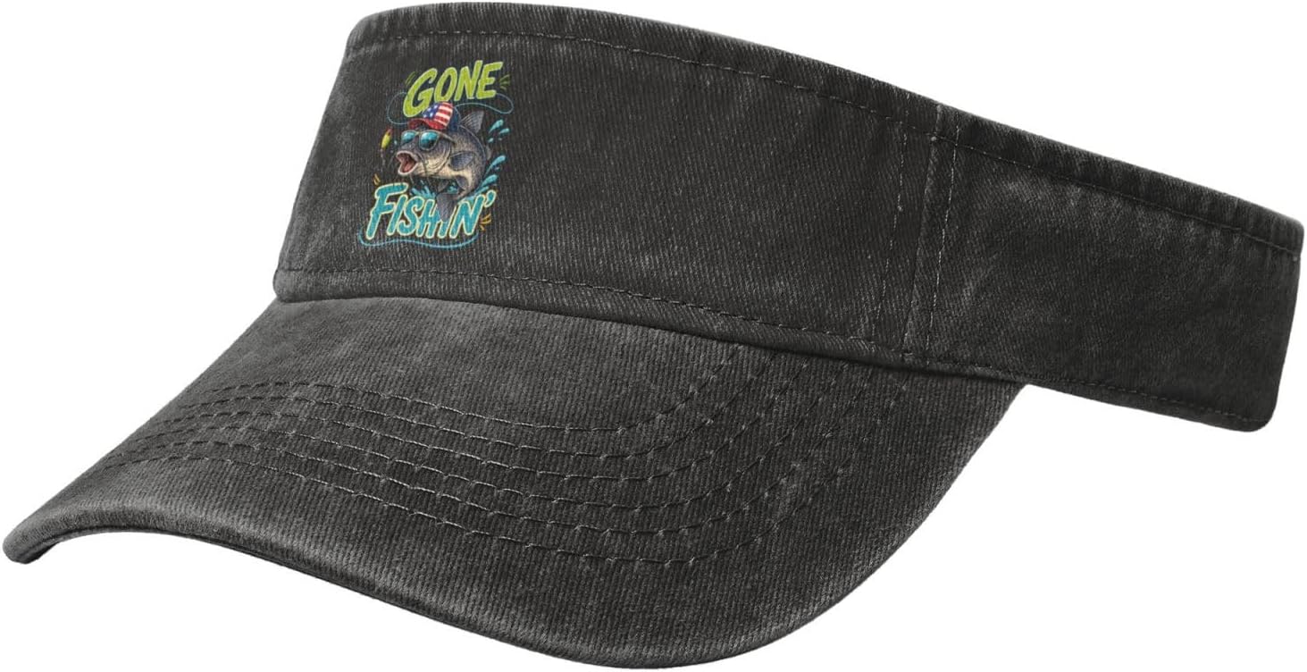 Sun Visor Hats Gone Fishing Catfish Funny Fisher Adjustable Ball Caps Empty Top Baseball Running Tennis for Men Women Outdoor Travel Beach1 Black