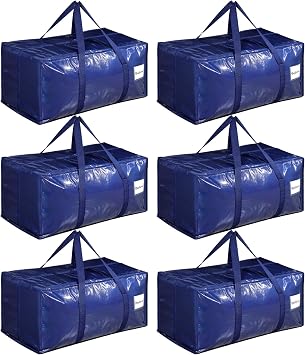 Dntorx 6 Pack Oversized Moving Bags, Heavy-Duty Moving Boxes or Packing Bags with Extra-large Zip Opening, Moving Supplies for College Halls Travelling Camping, Tough Handles, 90L/19.8Gallon, Blue