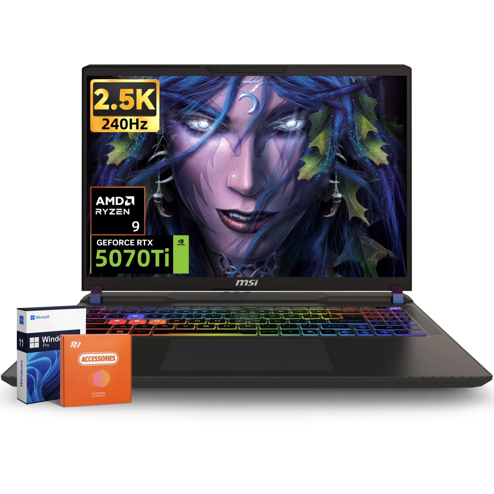 MSI Vector 16 Gaming Laptop, 16inch 240Hz 2560x1600 QHD+ LCD Display, NVIDIA RTX 5070Ti 12GB GDDR7, AMD Ryzen 9 8940HX (Max 5.3GHz, 80MB Cache), 64 GB