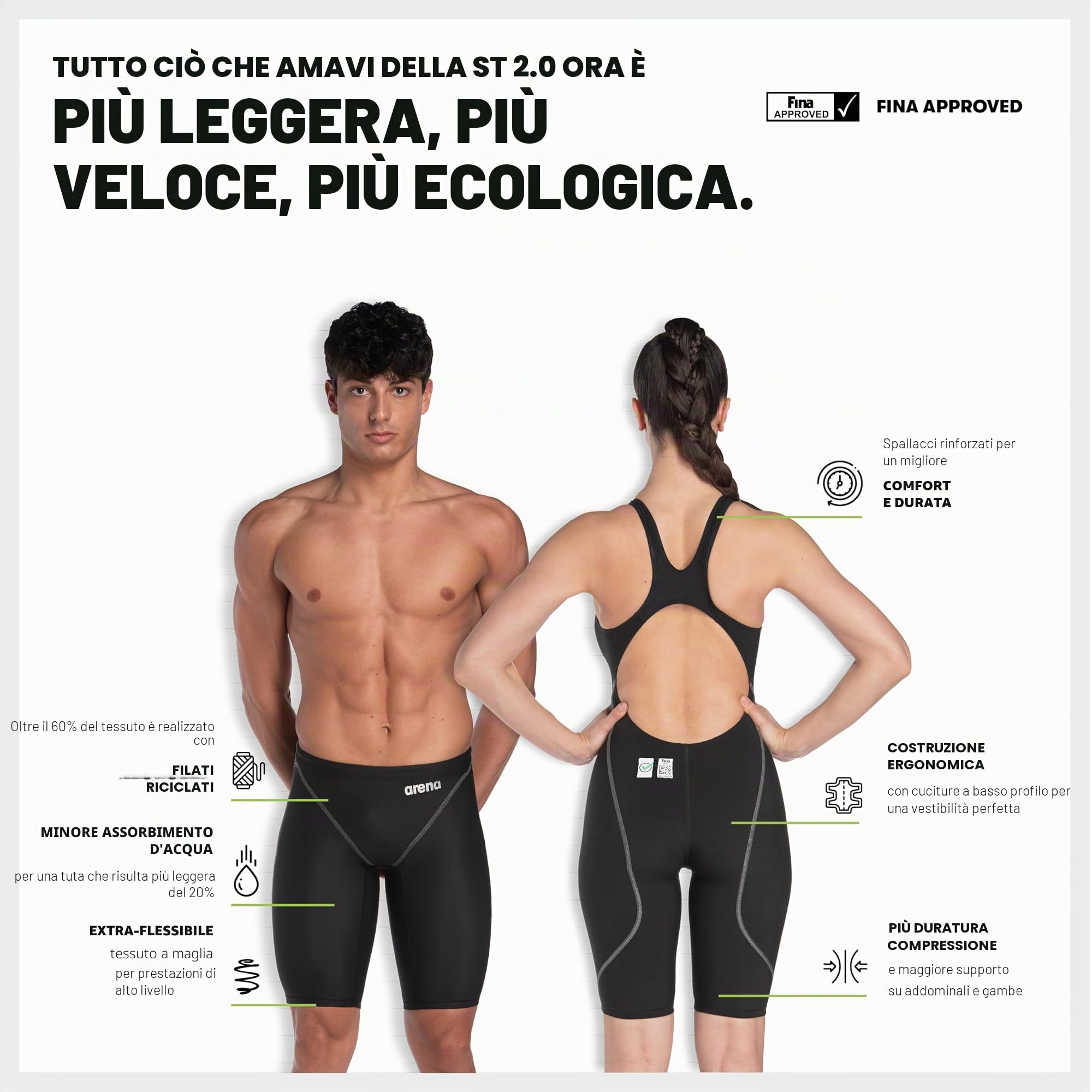 Arena Powerskin ST Next Intero Donna, Costume da Gara Approvato FINA, Nuoto in Tessuto Riciclato, Foderato con Spalline Rinforzate