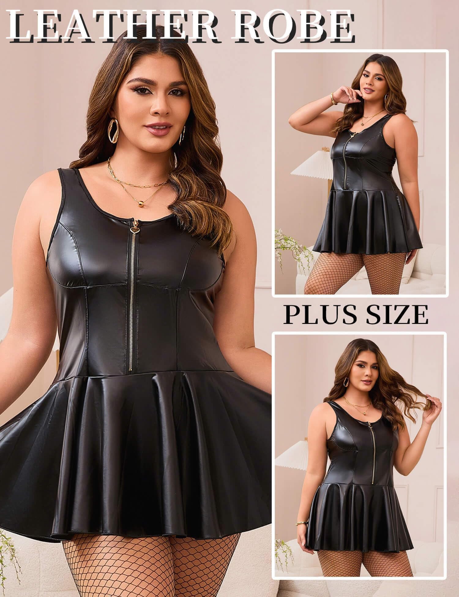ohyeahlady Robe Sexy Cuir PU Femme Chic Hot Clubbing Classe Grande Taille Clubwear Curvy Lingerie Sexy Coquine Hot Mini Robe de Soirée Courte Sexy Pute Plissée Tenue Hot Cuir Cocktail