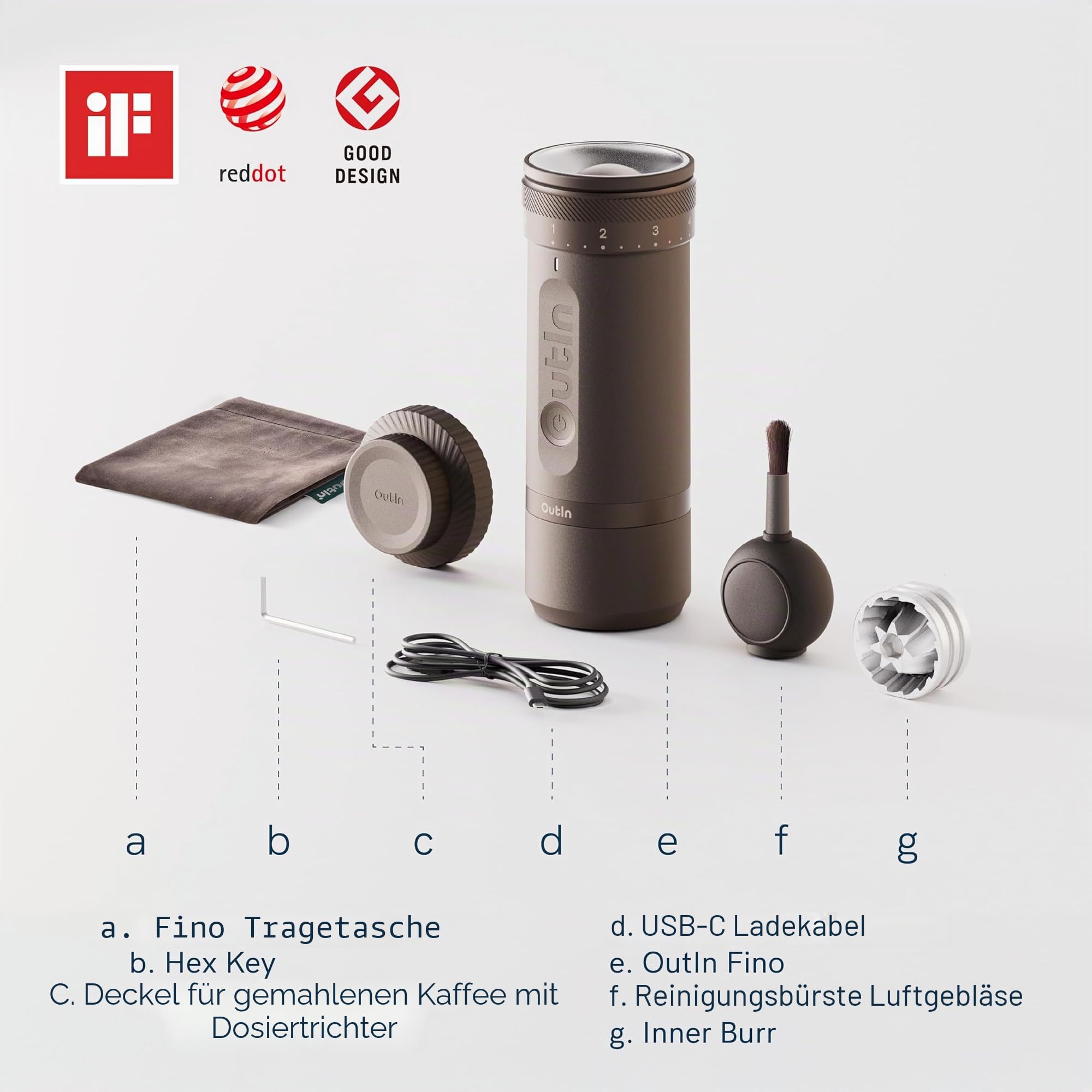 OutIn Nano tragbare Espressomaschine und OutIn Fino tragbare elektrische Kaffeemühle im Set